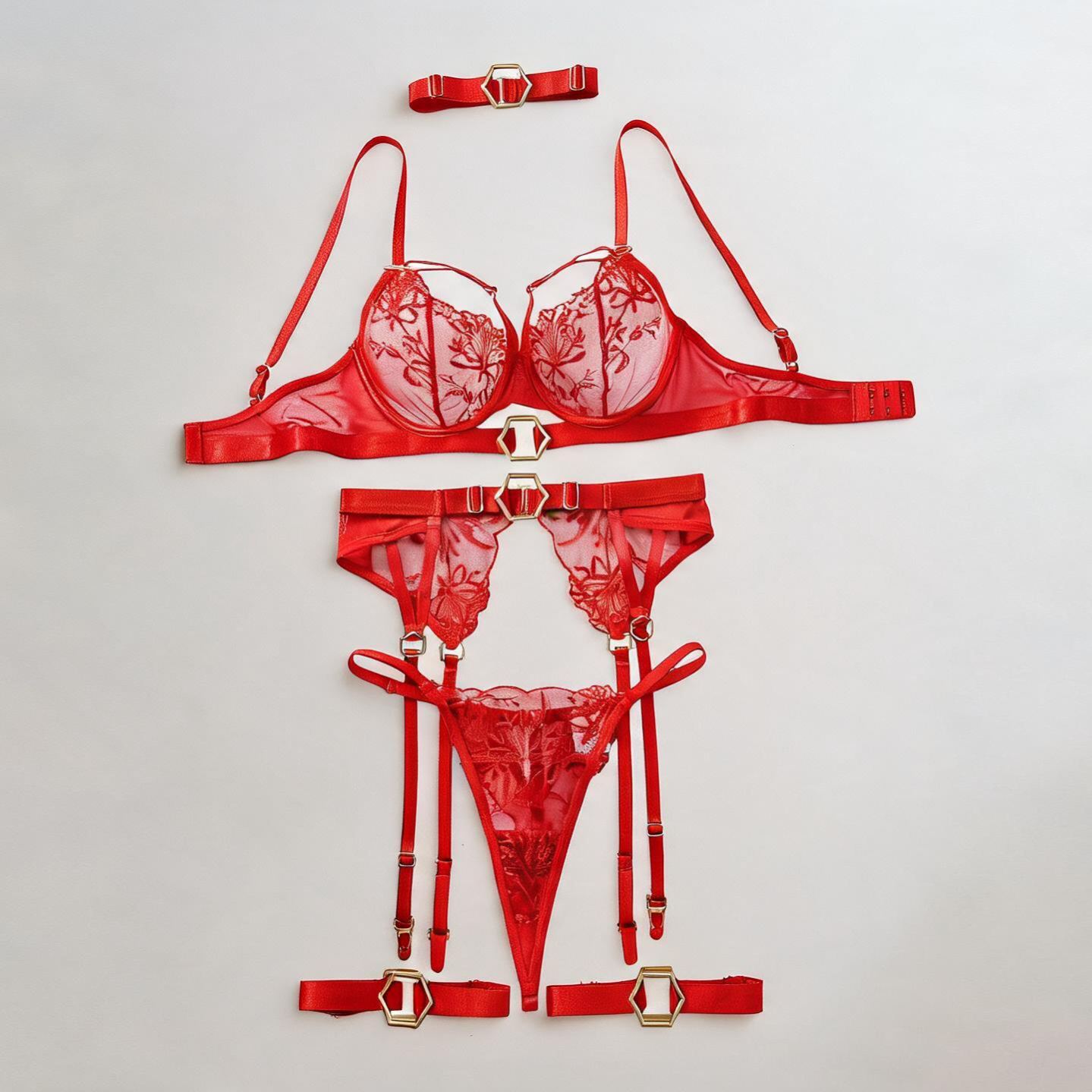 Mesh Metal Buckle 5-Piece Lingerie Set