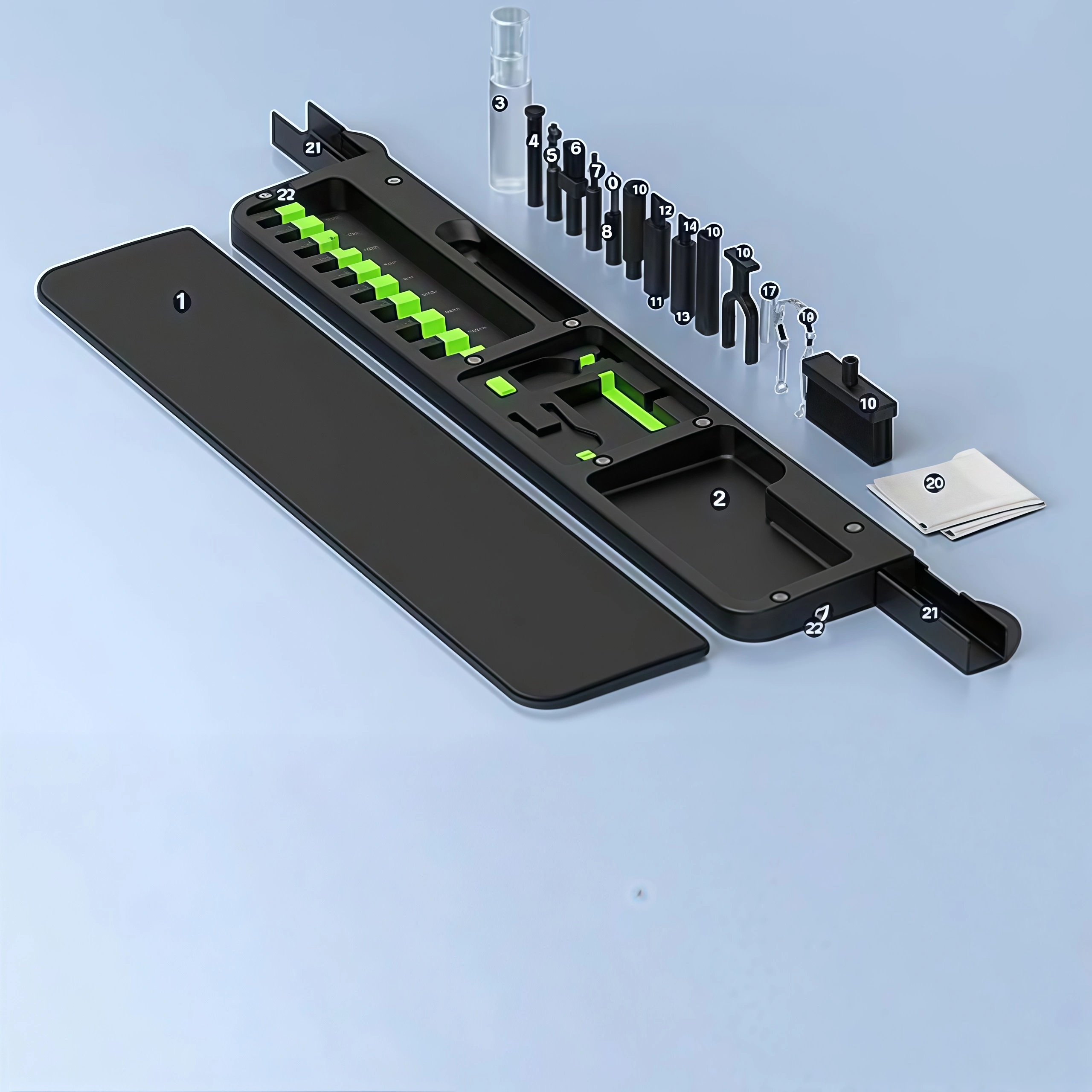 Non-slip keyboard wrist rest with 22-piece cleaning kit