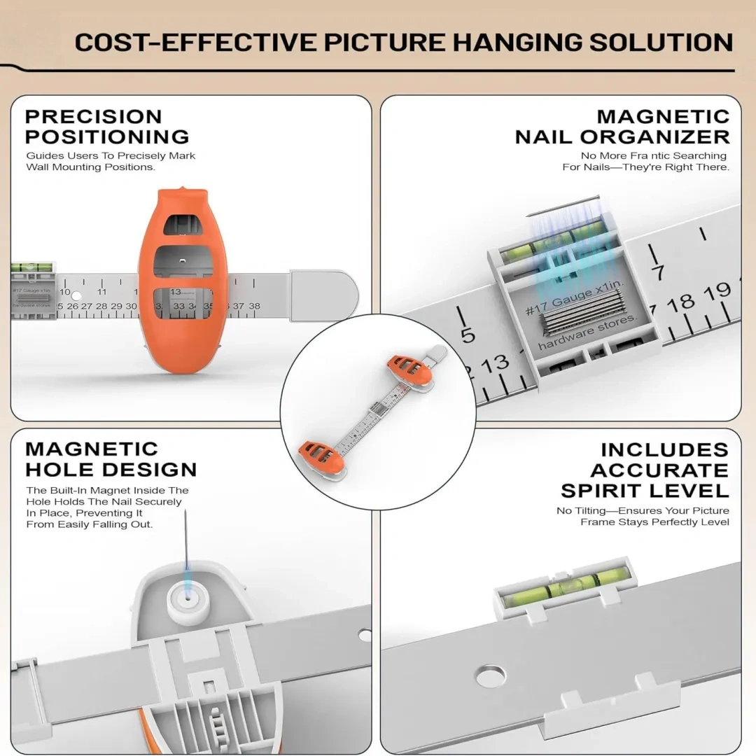 Integrated Picture Hanging System, Magnetic Nail Alignment Tool with Built-in Level