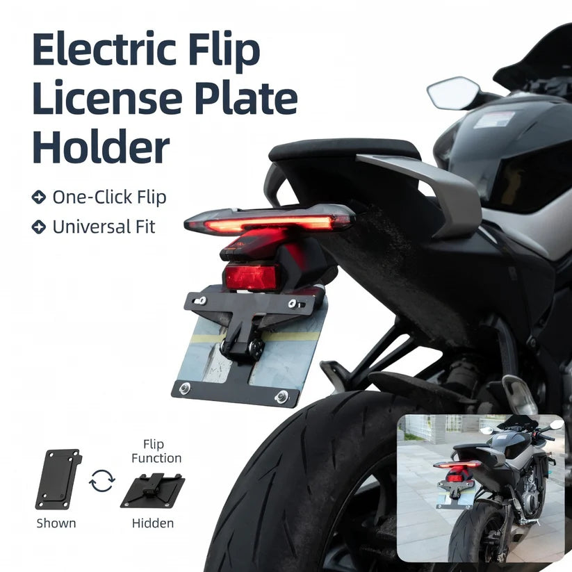 Motorcycle License Plate Holder – One-Touch Electric Flip for Ultimate Convenience