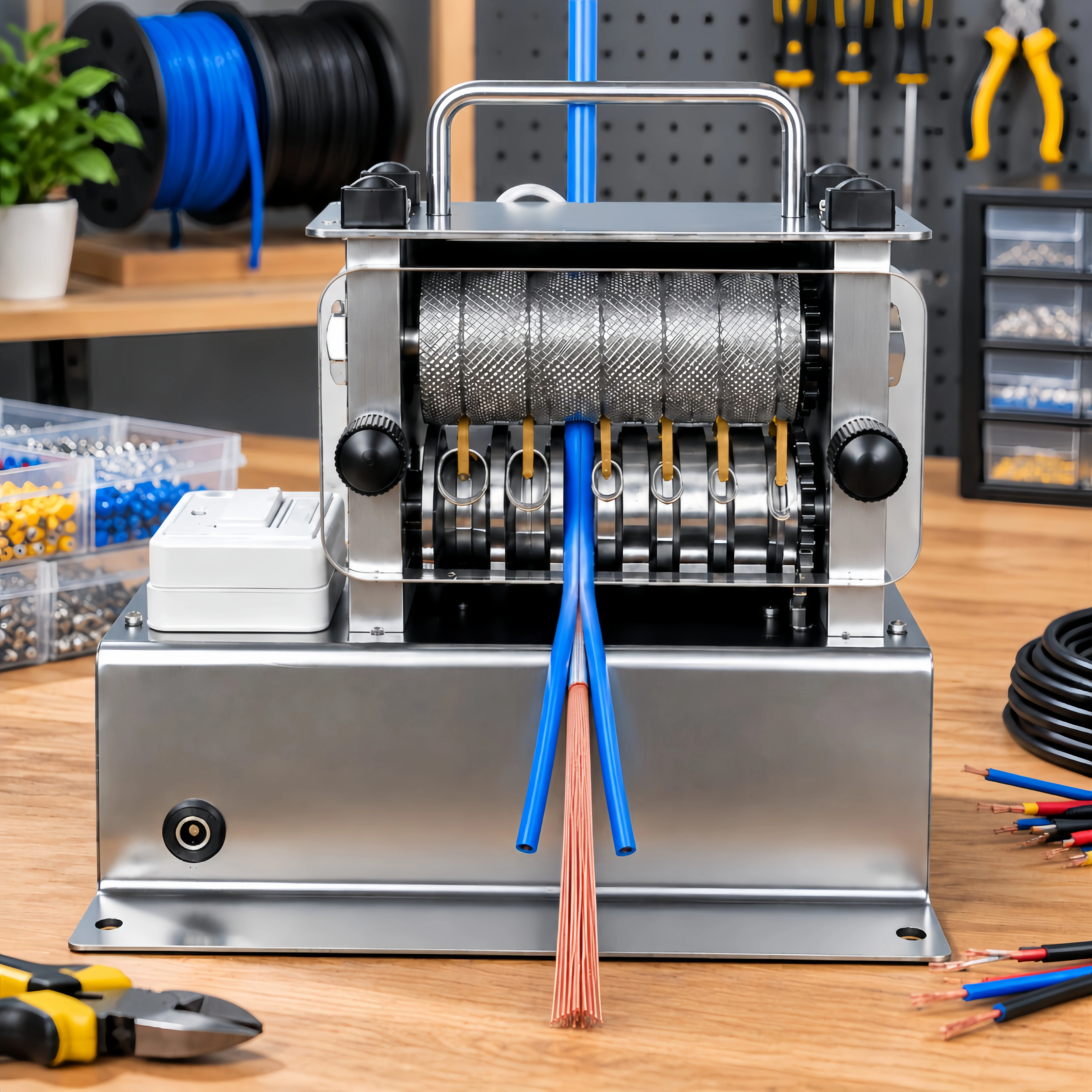Stainless steel automatic wire stripping machine stripping a blue wire in a workshop