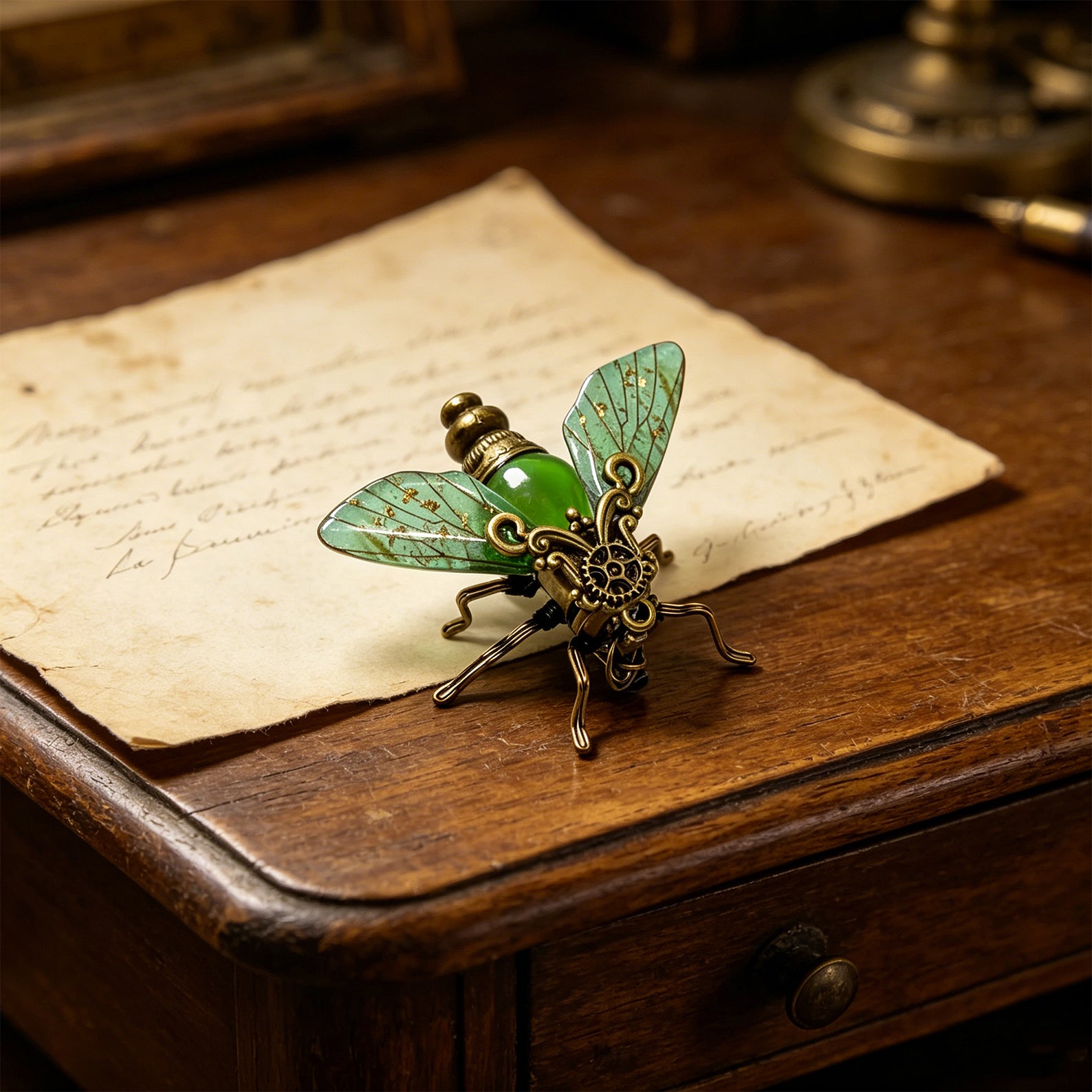 Steampunk Bee Pin – Intricate Gear Design & Hand-Painted Emerald Wings
