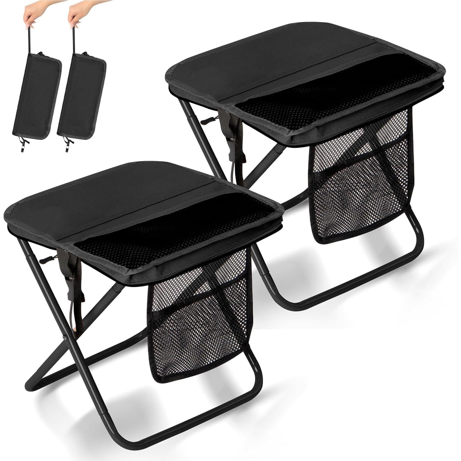 Portable Folding Stool – 16 Inch Camping Chair with 3 Side Pockets & Shoulder Strap