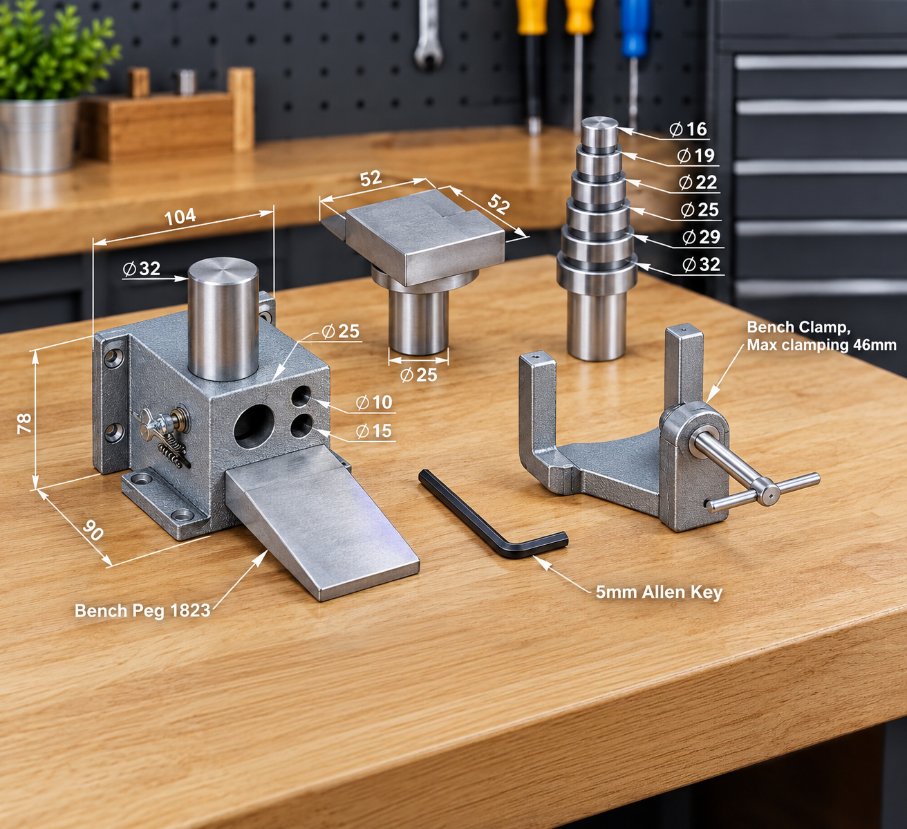 All forming stakes and clamps laid out with dimension labels