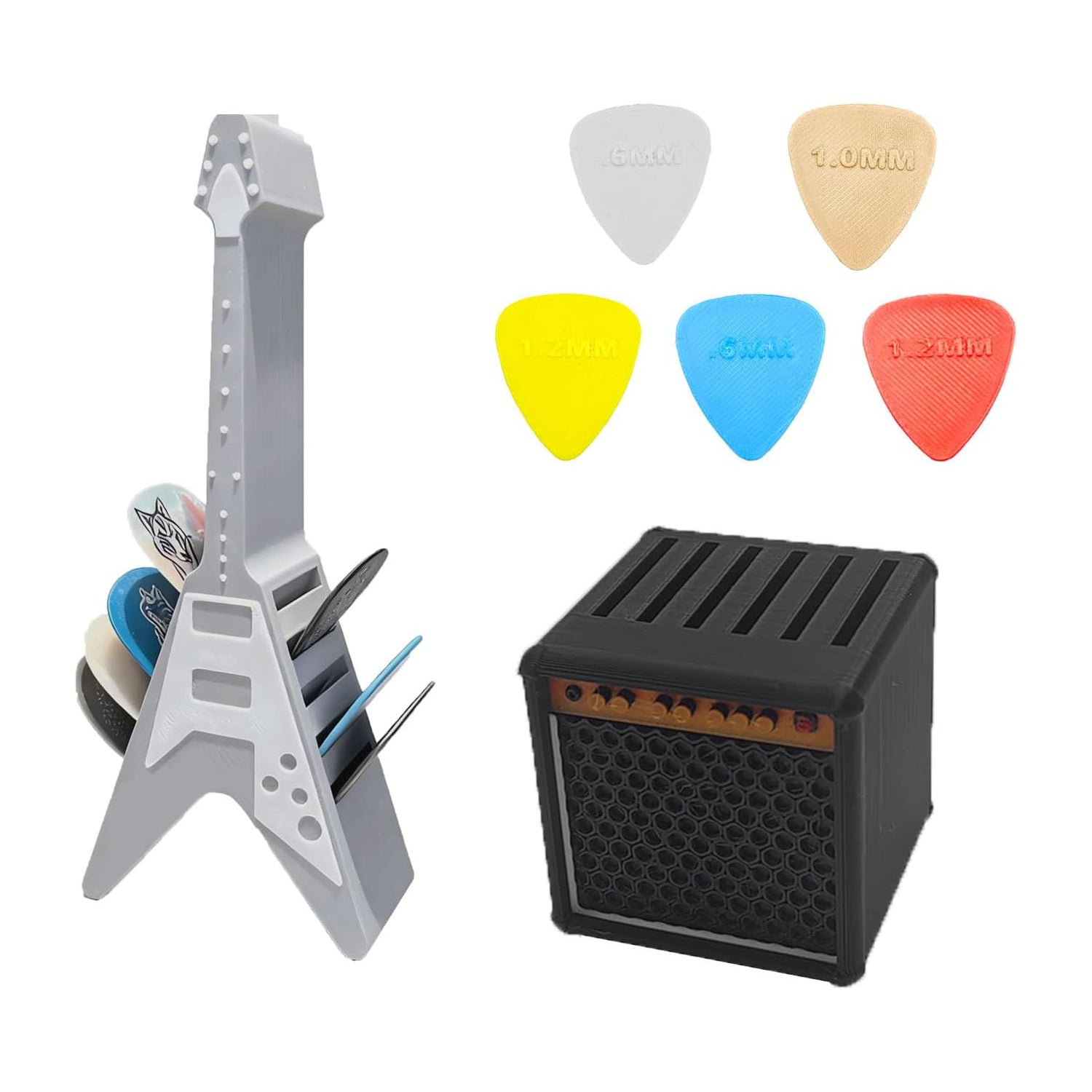 3D Printed Guitar Pick Holder Set – Amp Style Storage & Guitar Stand Combo