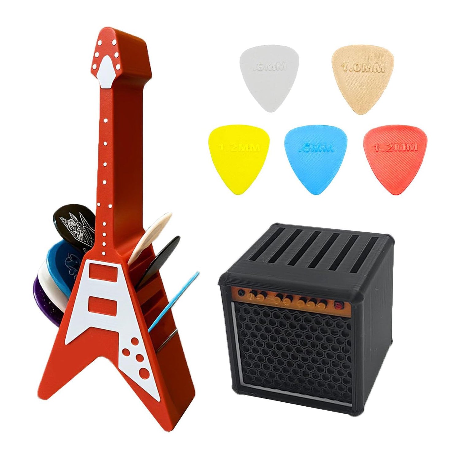 3D Printed Guitar Pick Holder Set – Amp Style Storage & Guitar Stand Combo