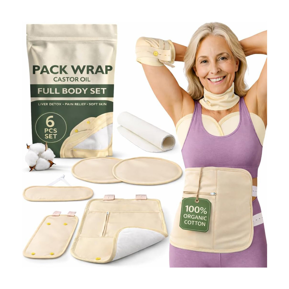 Reusable Castor Oil Packs - Organic Cotton , 6 Pieces, for Abdomen