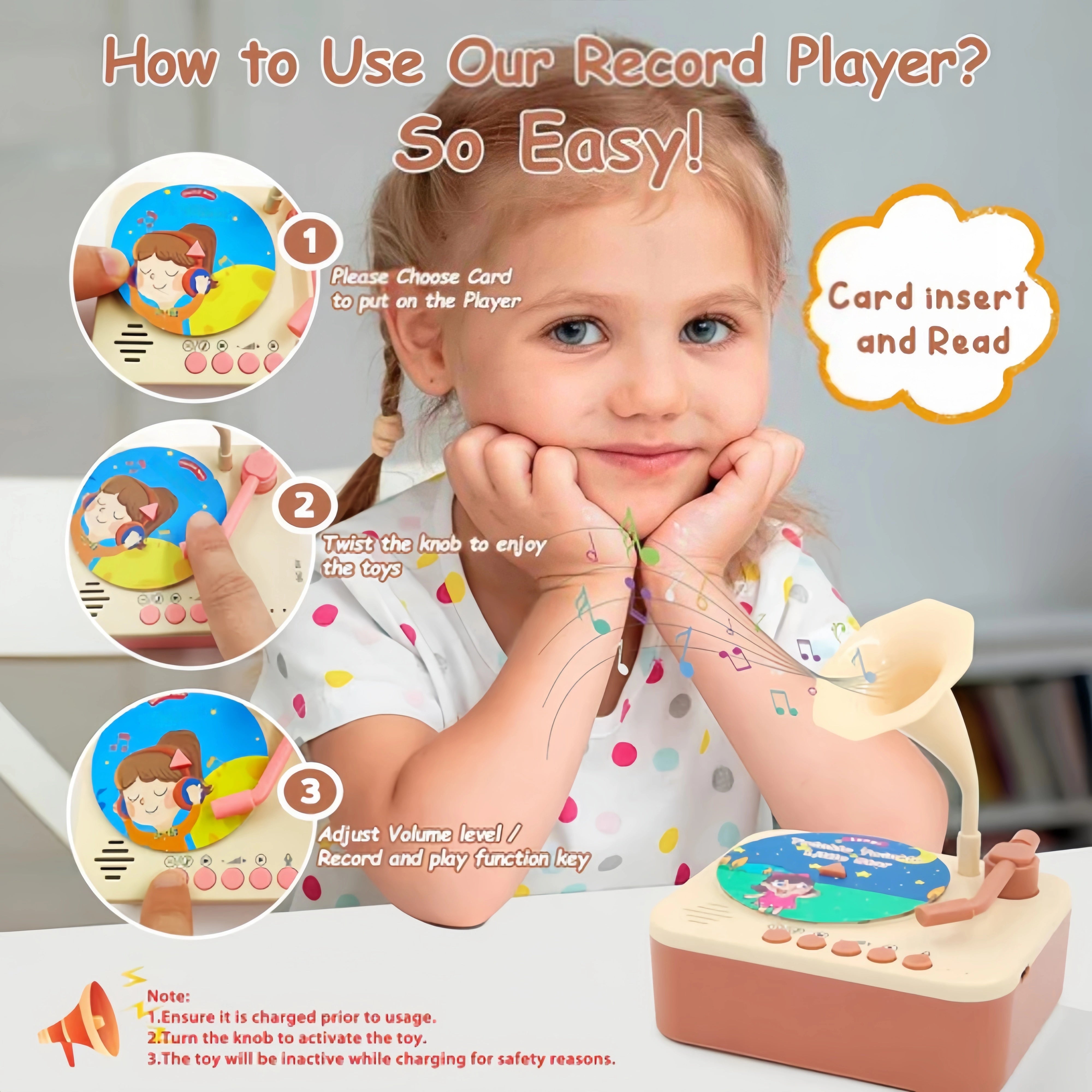 Kids Gramophone Interactive Toddler Toy – Storytelling Record Player with 96 Cards