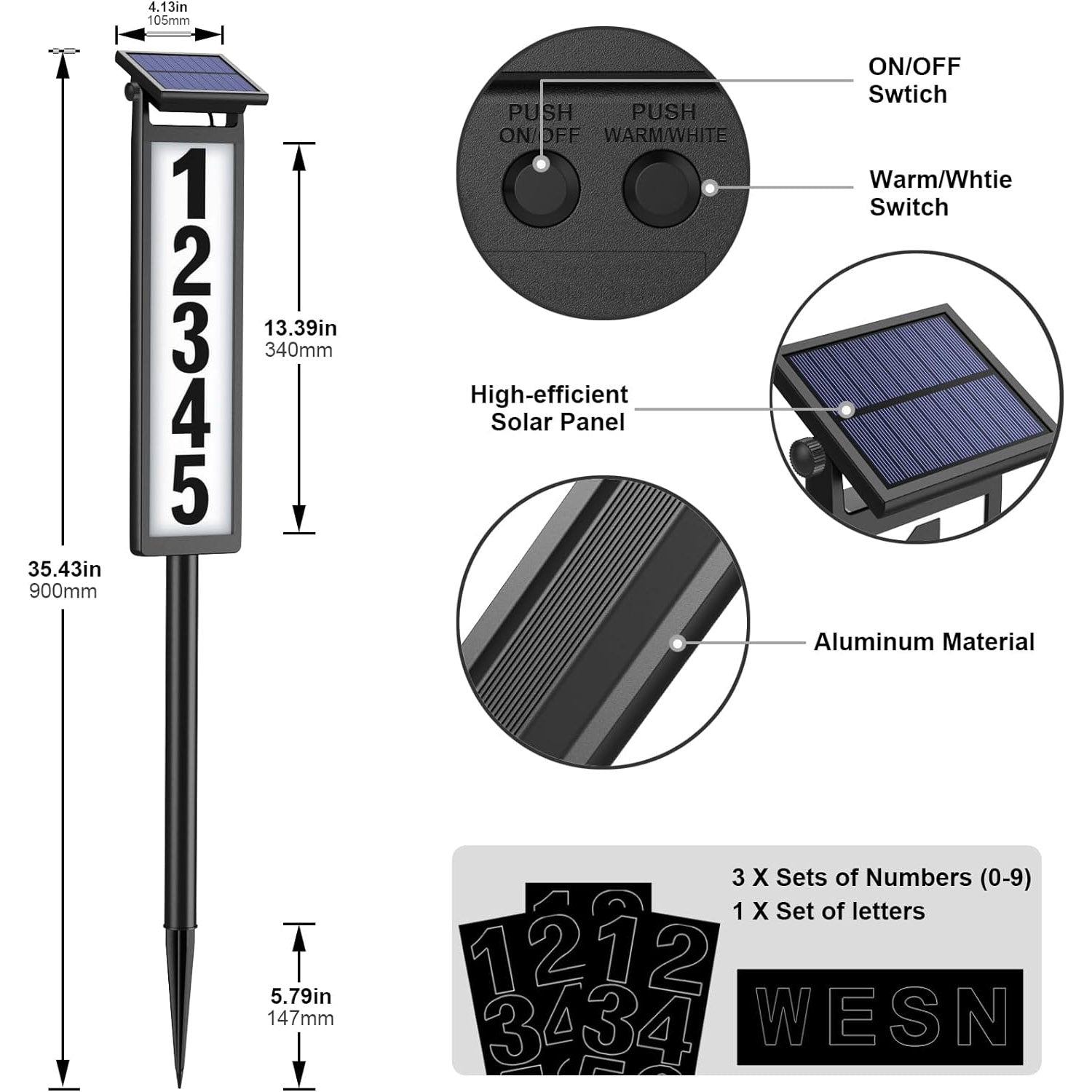 Solar LED Illuminated Address Sign – Outdoor Waterproof House Number Plaque (Black)