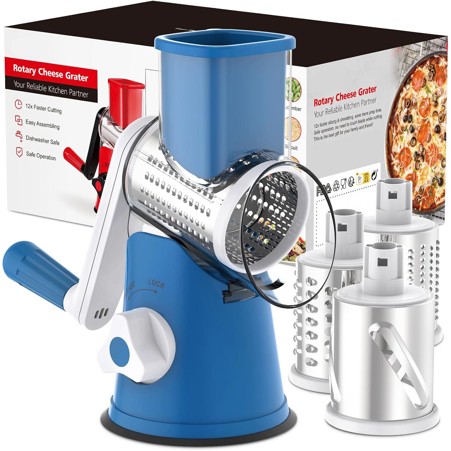Rotary Cheese Grater – Multi-Functional Vegetable and Nut Grater with 3 Drum Blades