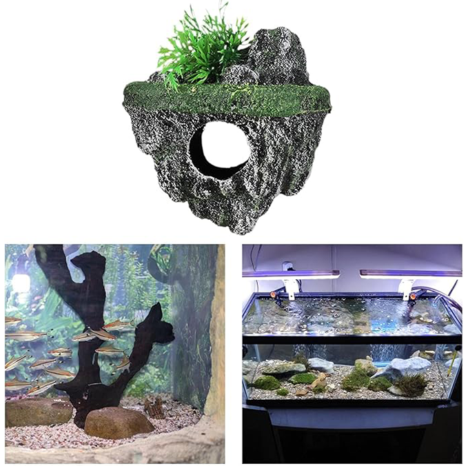 Floating island aquarium with floating stones simulating plant caves