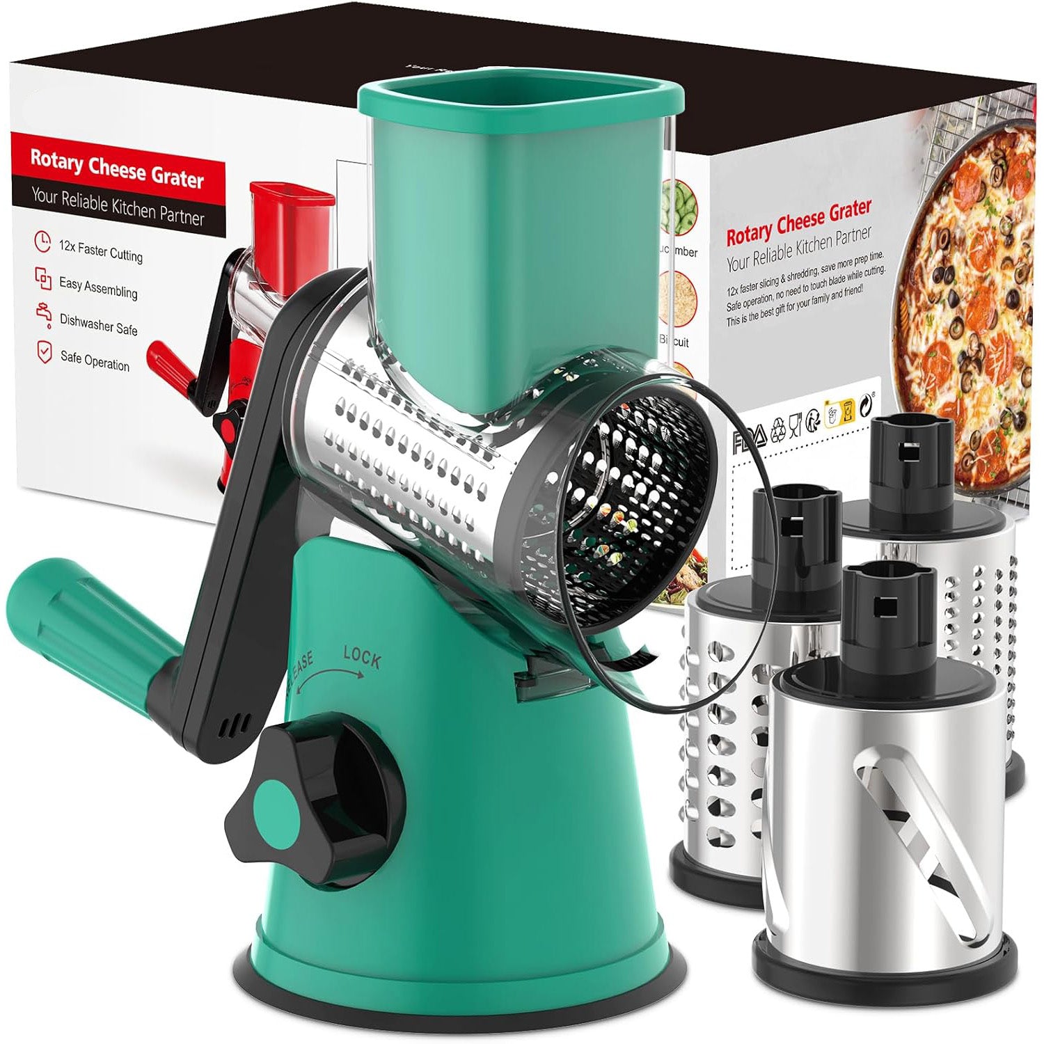 Rotary Cheese Grater – Multi-Functional Vegetable and Nut Grater with 3 Drum Blades