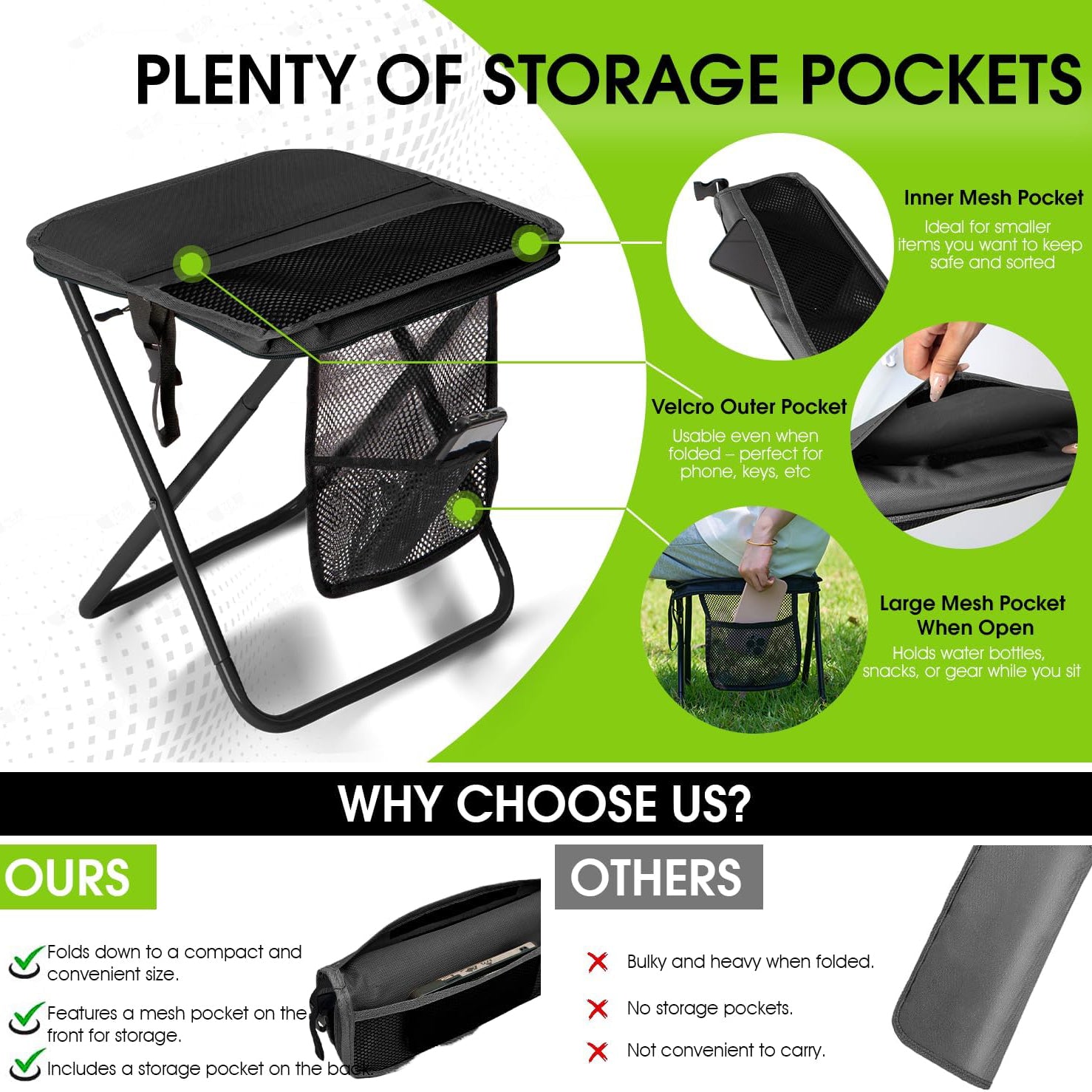Portable Folding Stool – 16 Inch Camping Chair with 3 Side Pockets & Shoulder Strap