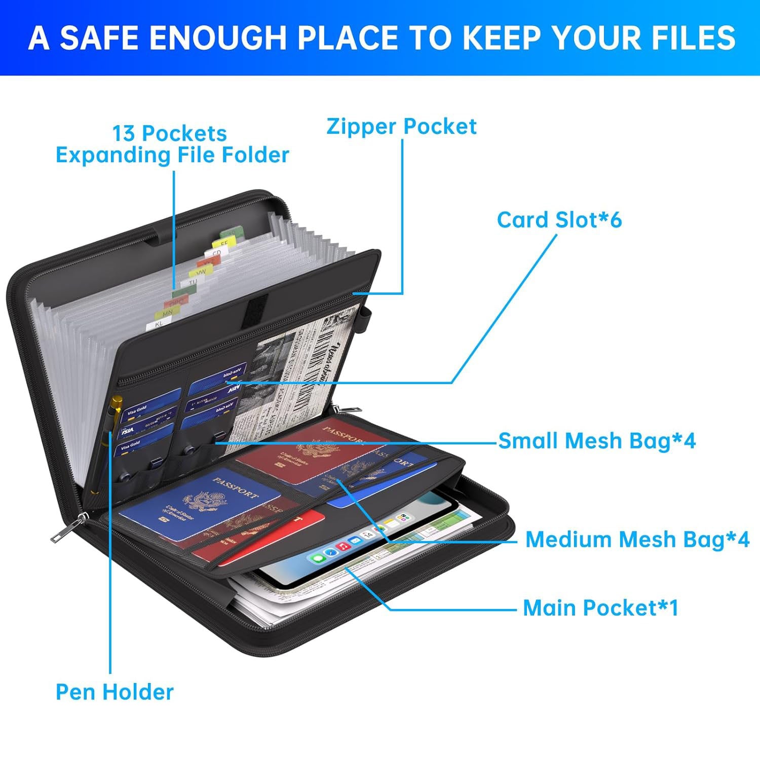 Fireproof Accordion File Storage Bag with 13 Pockets - Portable and Secure File Organizer