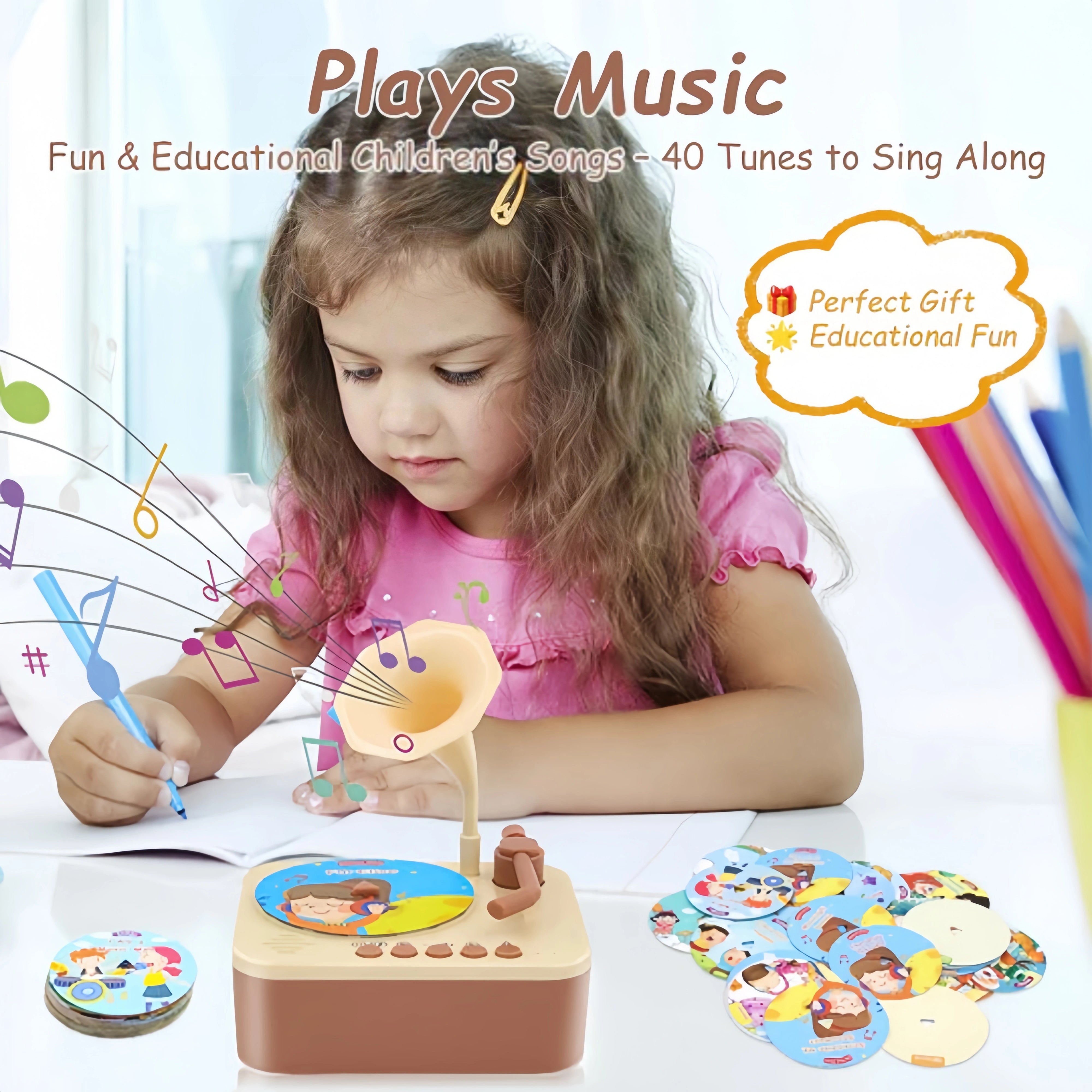 Kids Gramophone Interactive Toddler Toy – Storytelling Record Player with 96 Cards