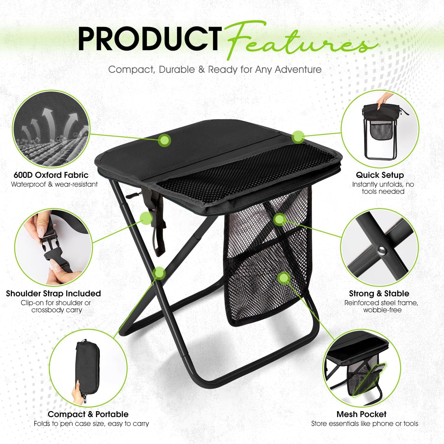 Portable Folding Stool – 16 Inch Camping Chair with 3 Side Pockets & Shoulder Strap
