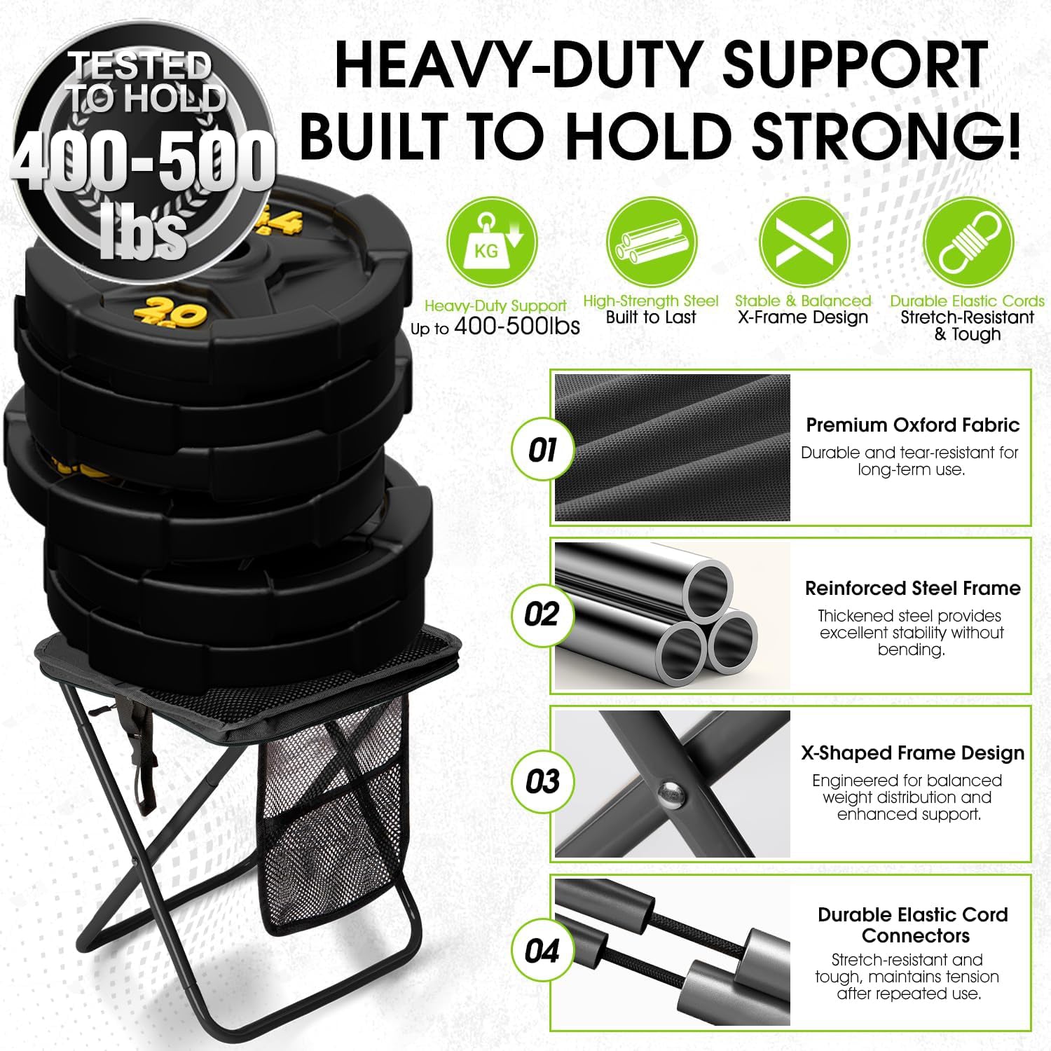 Portable Folding Stool – 16 Inch Camping Chair with 3 Side Pockets & Shoulder Strap
