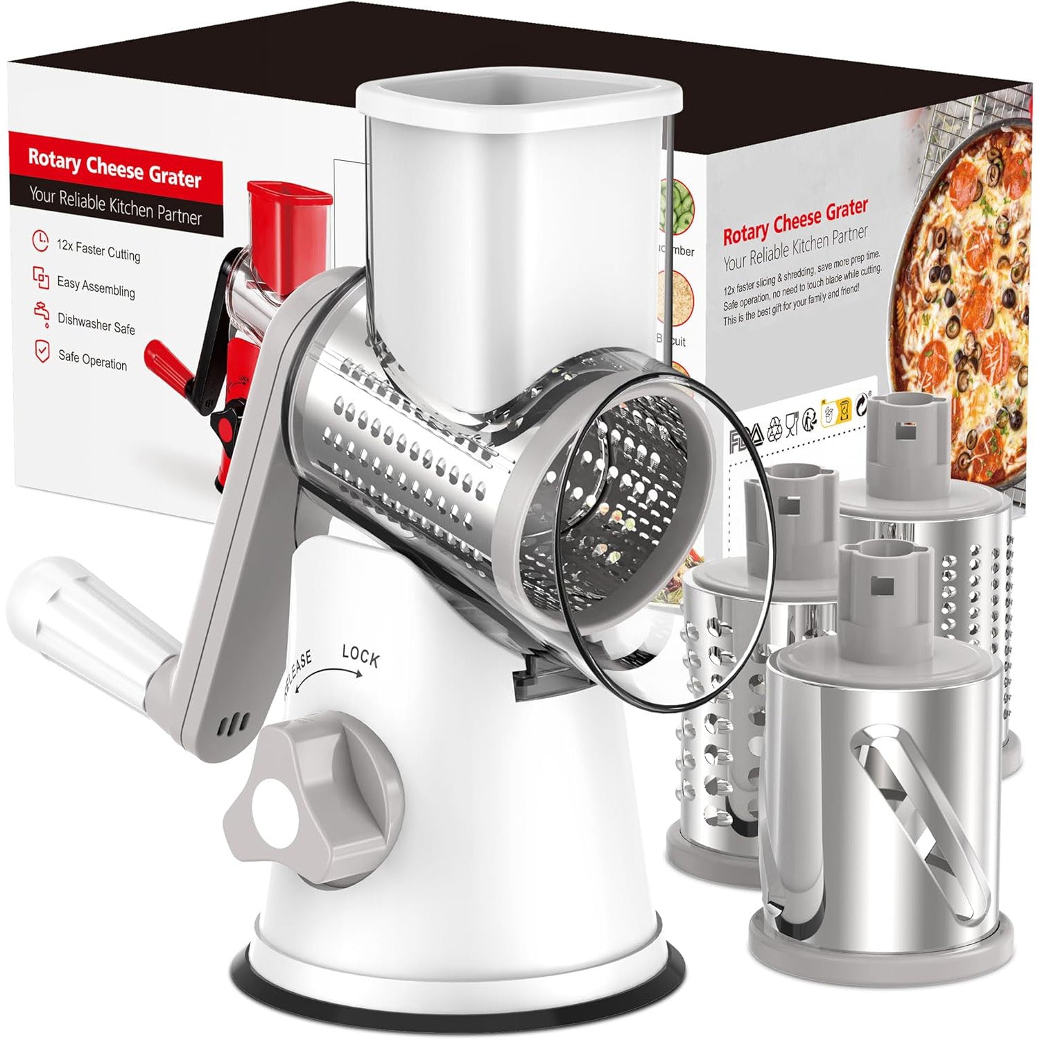 Rotary Cheese Grater – Multi-Functional Vegetable and Nut Grater with 3 Drum Blades