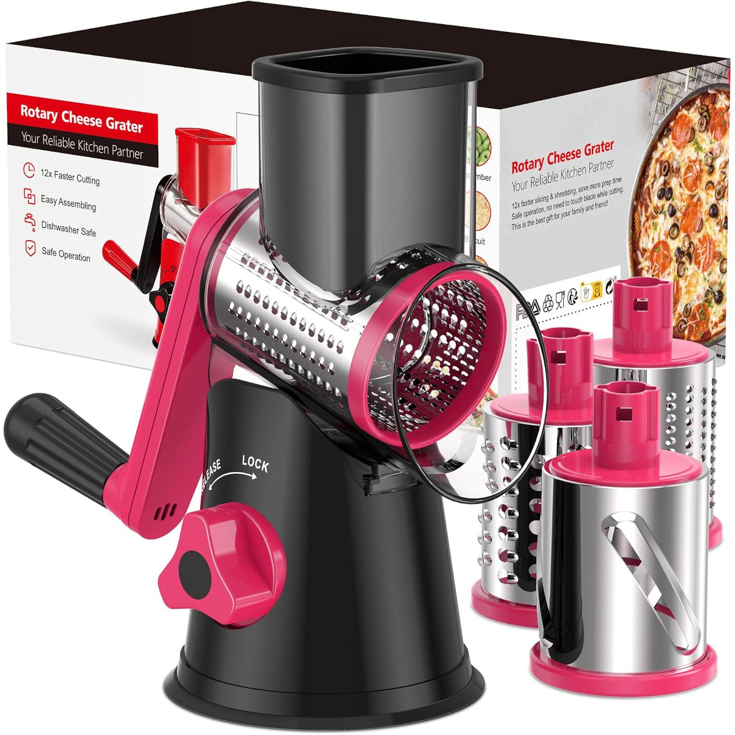 Rotary Cheese Grater – Multi-Functional Vegetable and Nut Grater with 3 Drum Blades