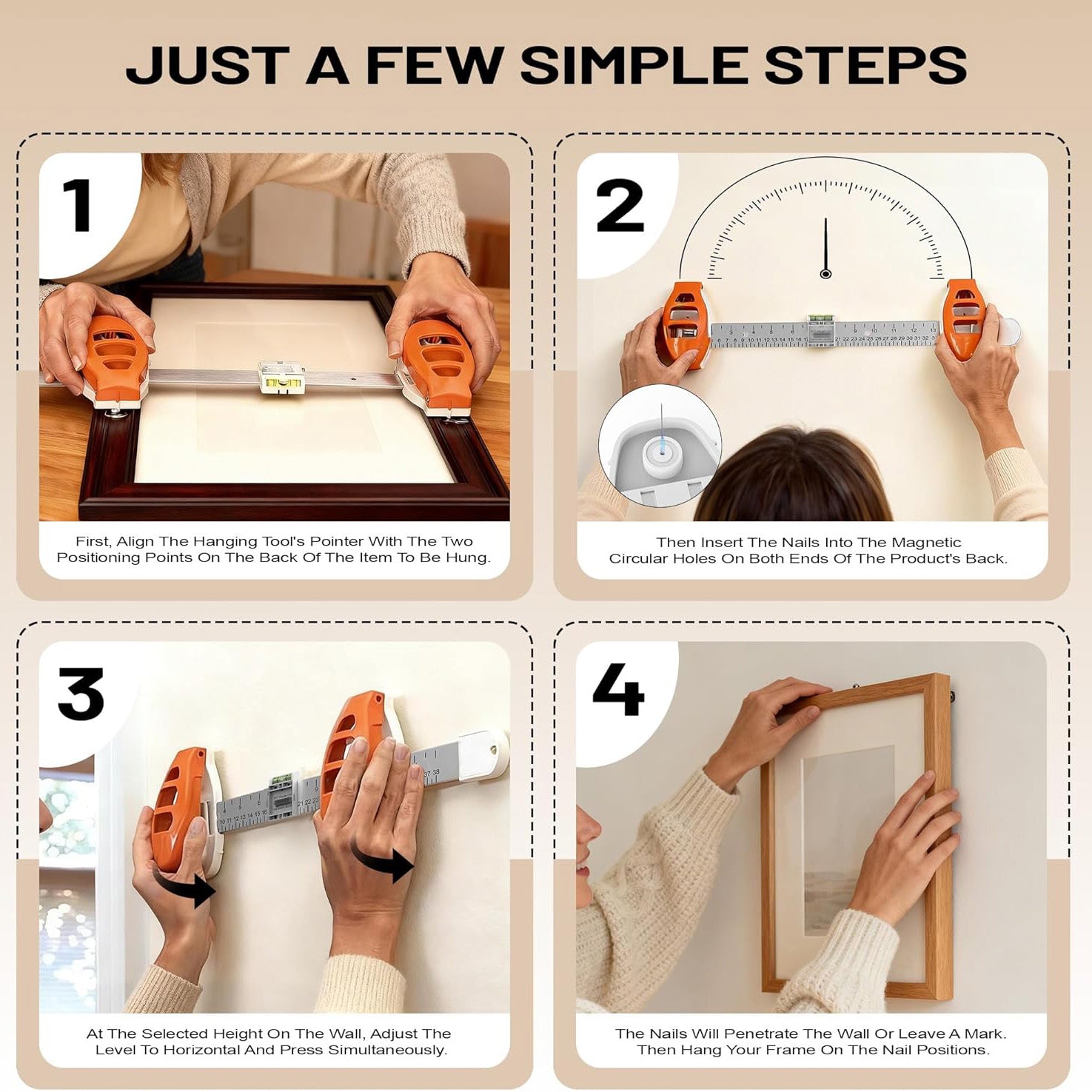 Integrated Picture Hanging System, Magnetic Nail Alignment Tool with Built-in Level