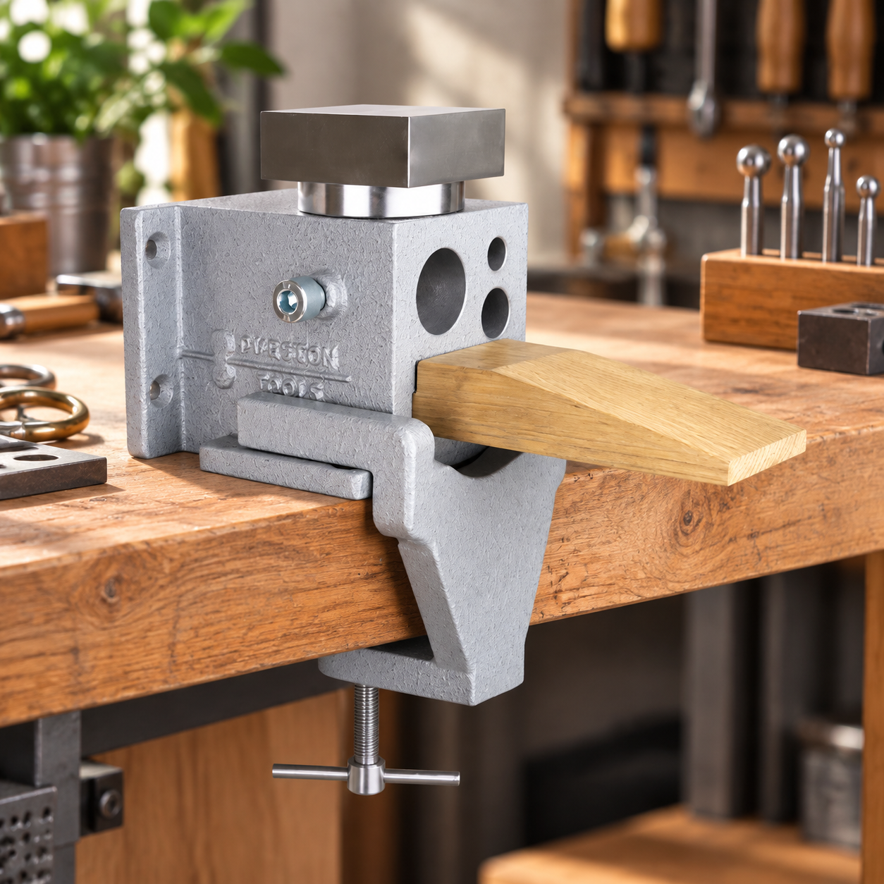 Multi-forming anvil set mounted on a wooden workbench