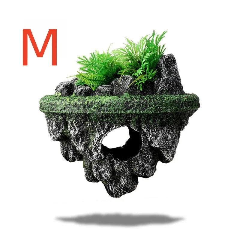 Floating island aquarium with floating stones simulating plant caves