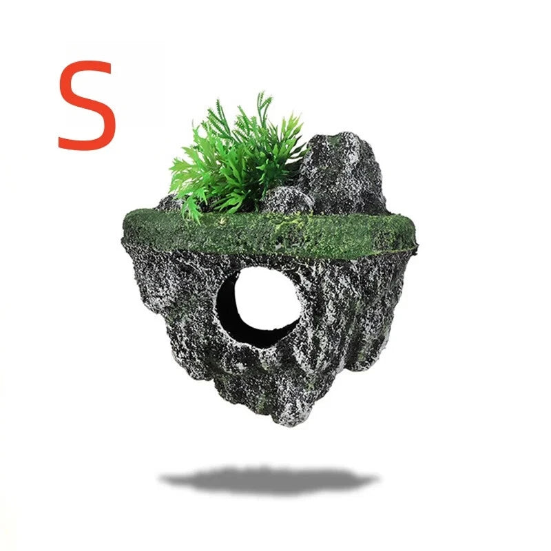Floating island aquarium with floating stones simulating plant caves