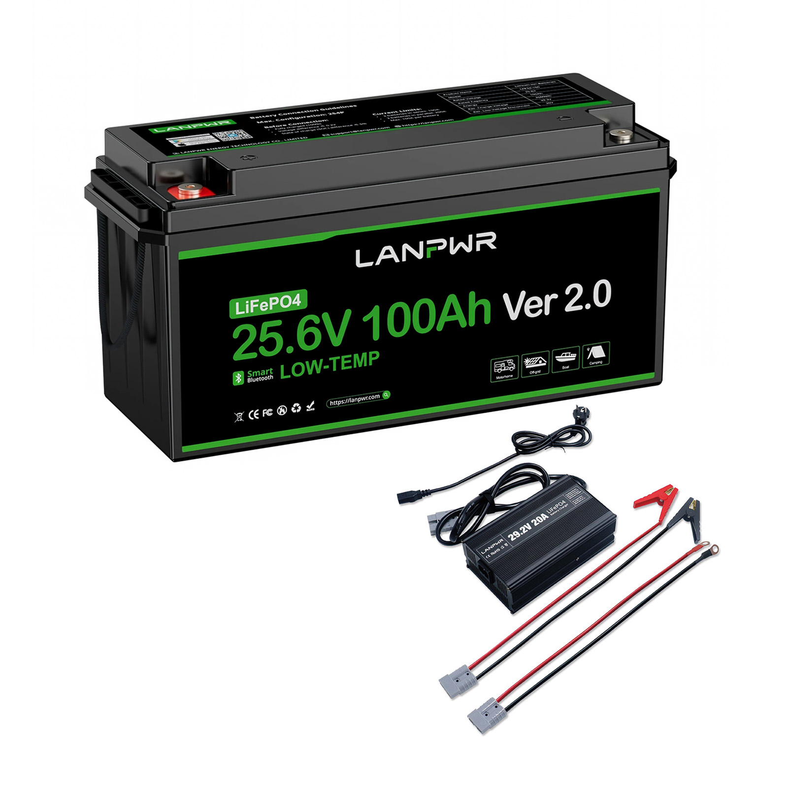 LANPWR 24V 100Ah LiFePO4 Battery with Bluetooth 5.0, Maximum Load Power 2560W, 2560Wh Energy