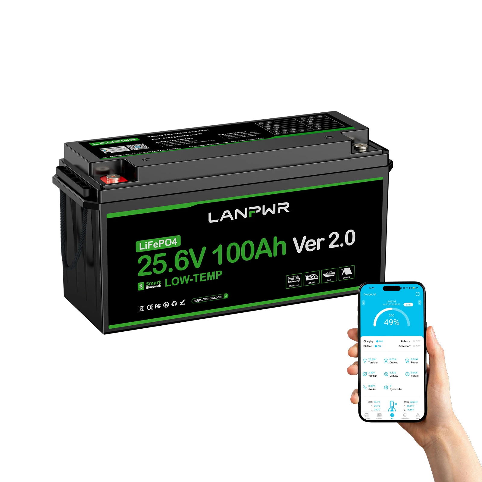 LANPWR 24V 100Ah LiFePO4 Battery with Bluetooth 5.0, Maximum Load Power 2560W, 2560Wh Energy