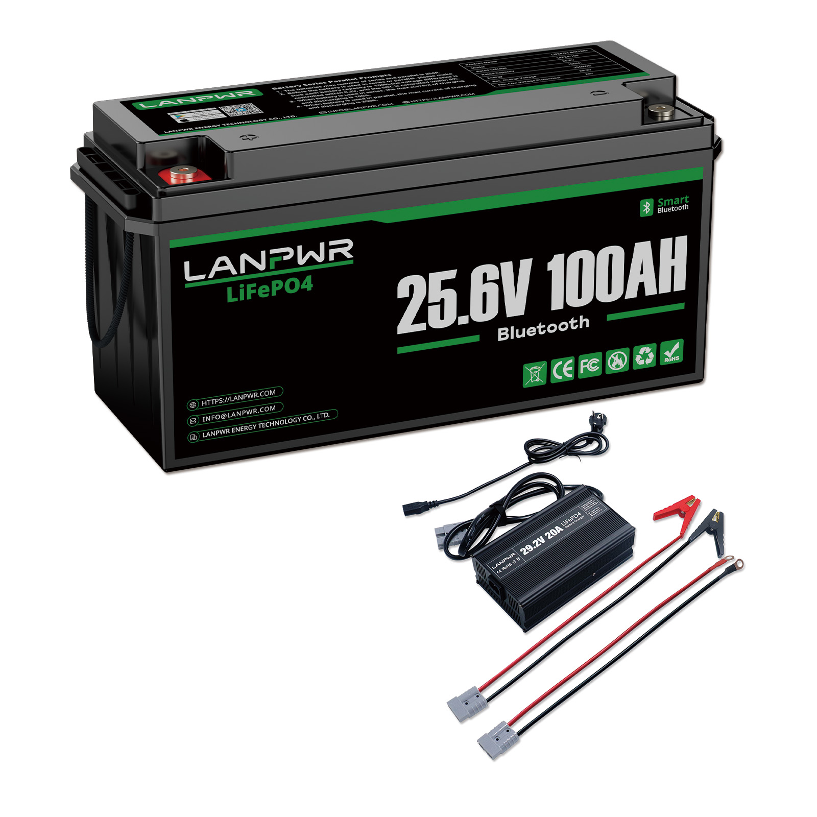 LANPWR 24V 100Ah LiFePO4 Battery with Bluetooth 5.0, Maximum Load Power 2560W, 2560Wh Energy
