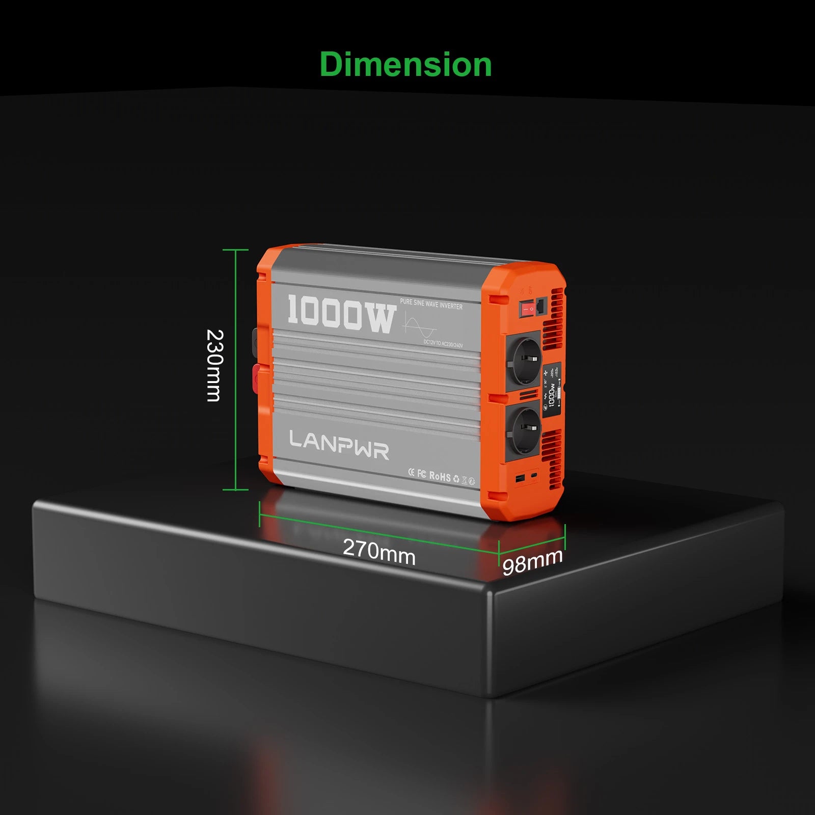 Power converter with dimensions labeled on a black background