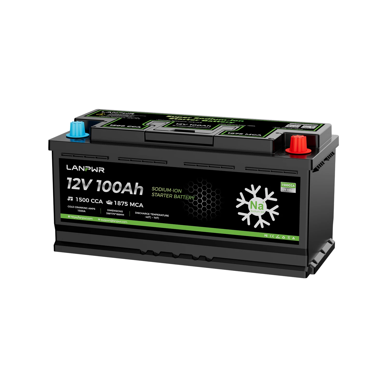 LANPWR 12V 100Ah 1500CCA Sodium-Ion Starter Battery with Bluetooth for Cars and Boats