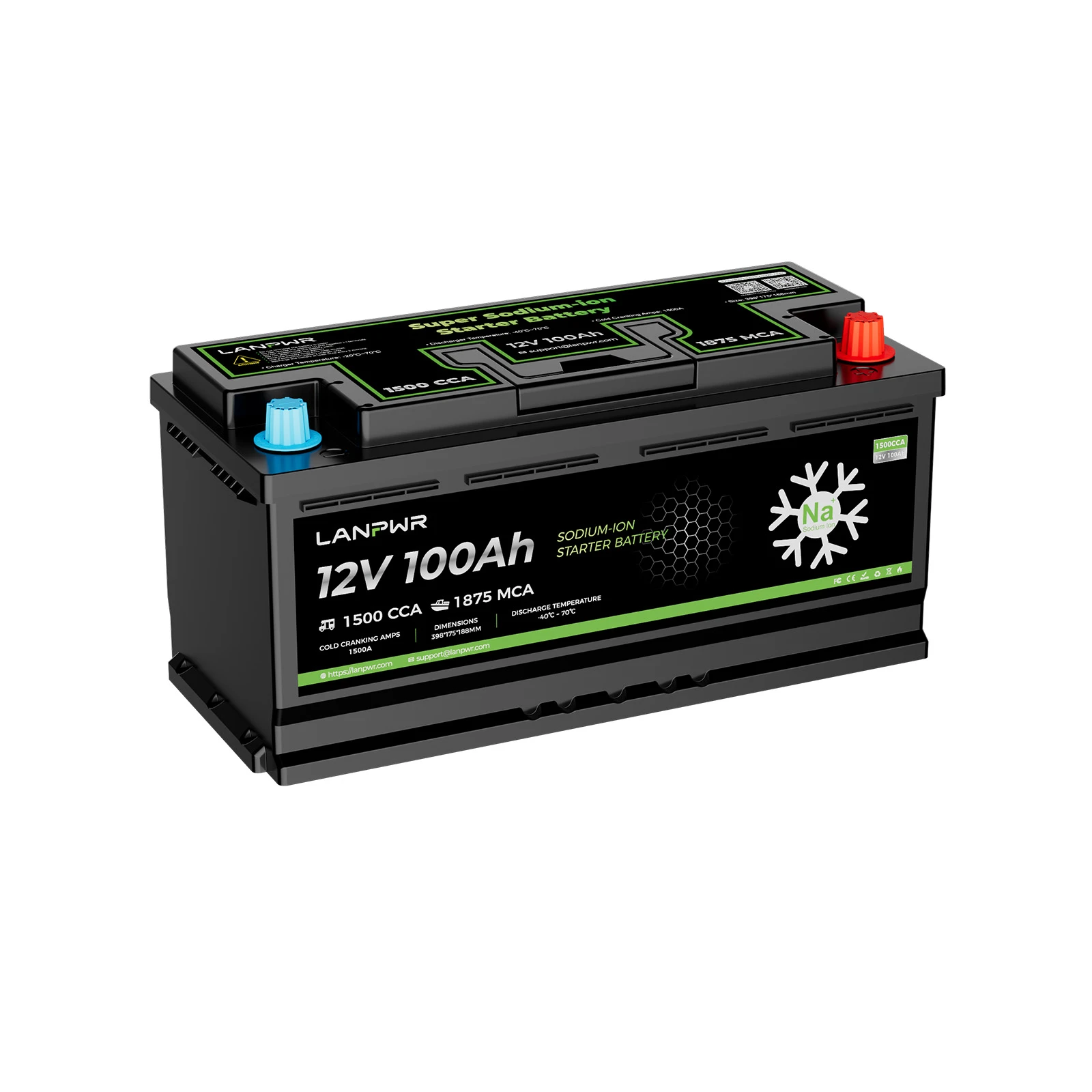 LANPWR 12V 100Ah 1500CCA Sodium-Ion Starter Battery with Bluetooth for Cars and Boats