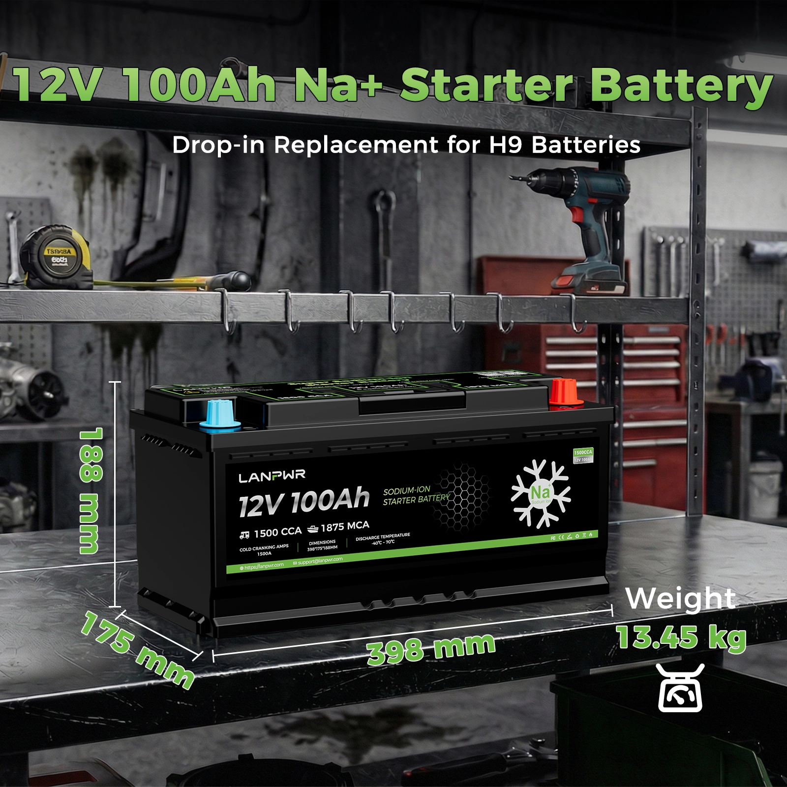 LANPWR 12V 100Ah 1500CCA Sodium-Ion Starter Battery with Bluetooth for Cars and Boats