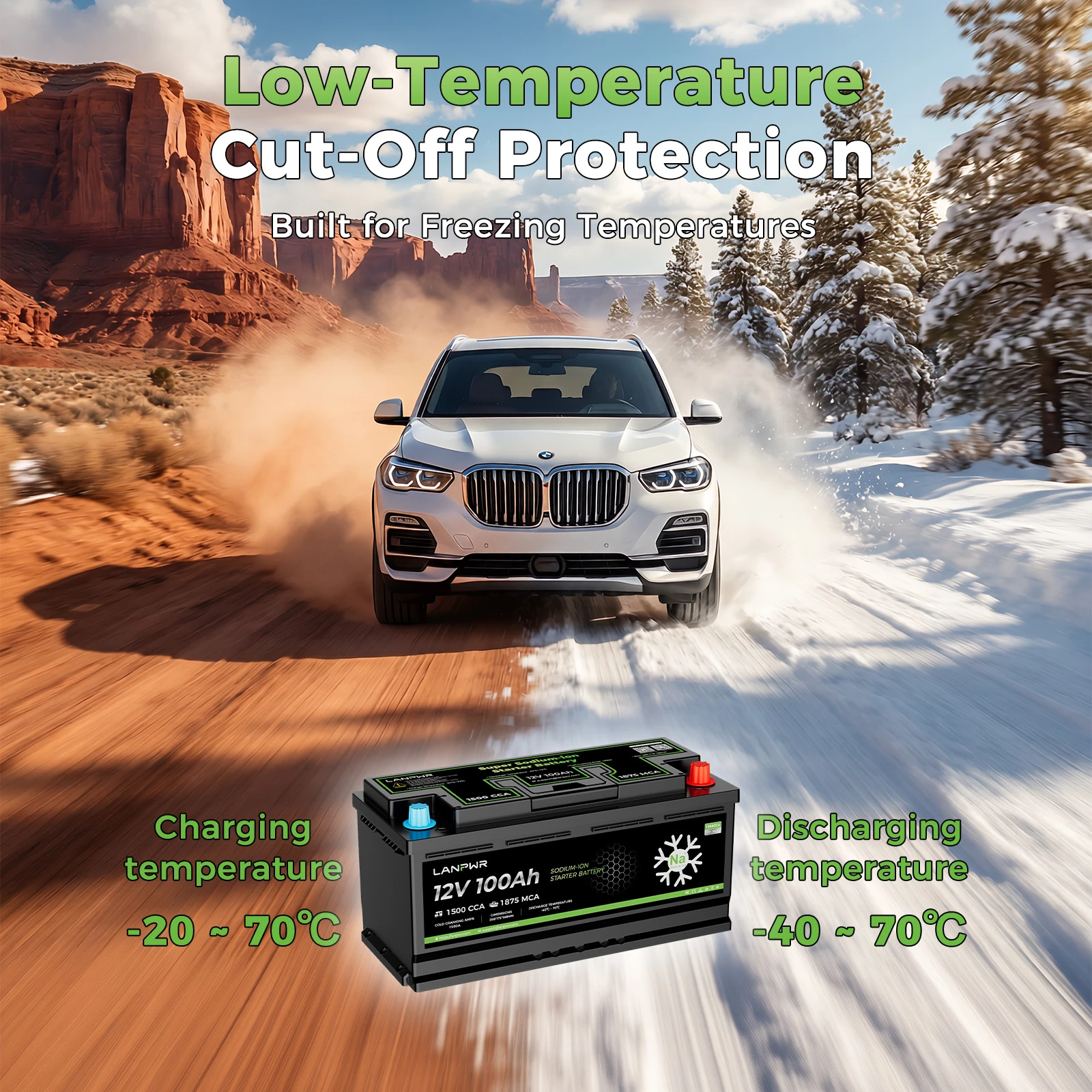 LANPWR 12V 100Ah 1500CCA Sodium-Ion Starter Battery with Bluetooth for Cars and Boats