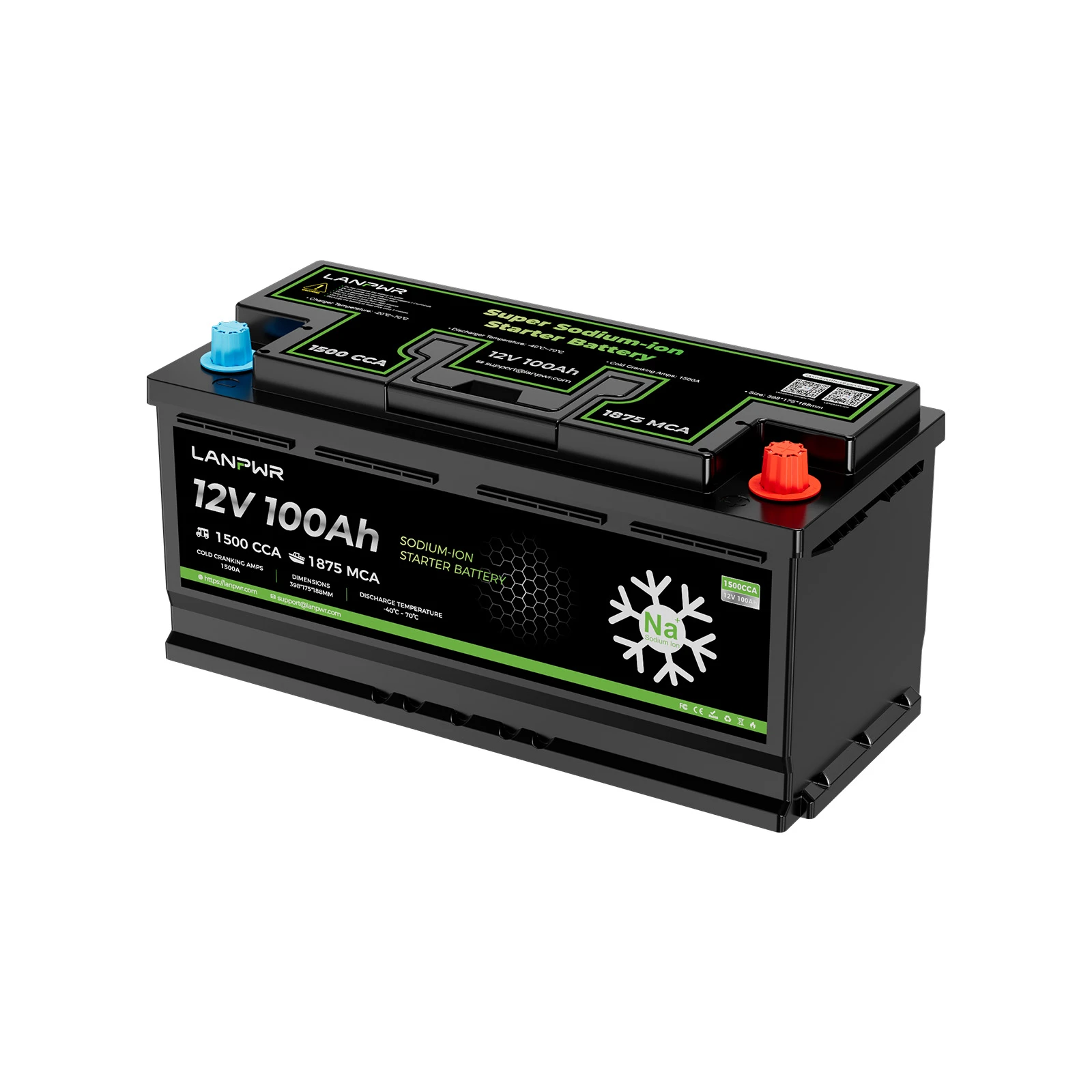 LANPWR 12V 100Ah 1500CCA Sodium-Ion Starter Battery with Bluetooth for Cars and Boats