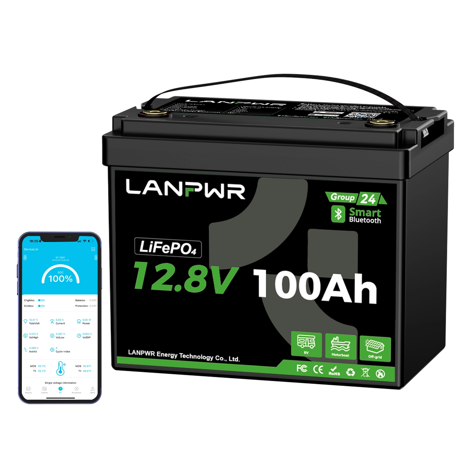 LANPWR 12V 100Ah G24 Mini Smart Deep Cycle LiFePO4 Lithium Battery