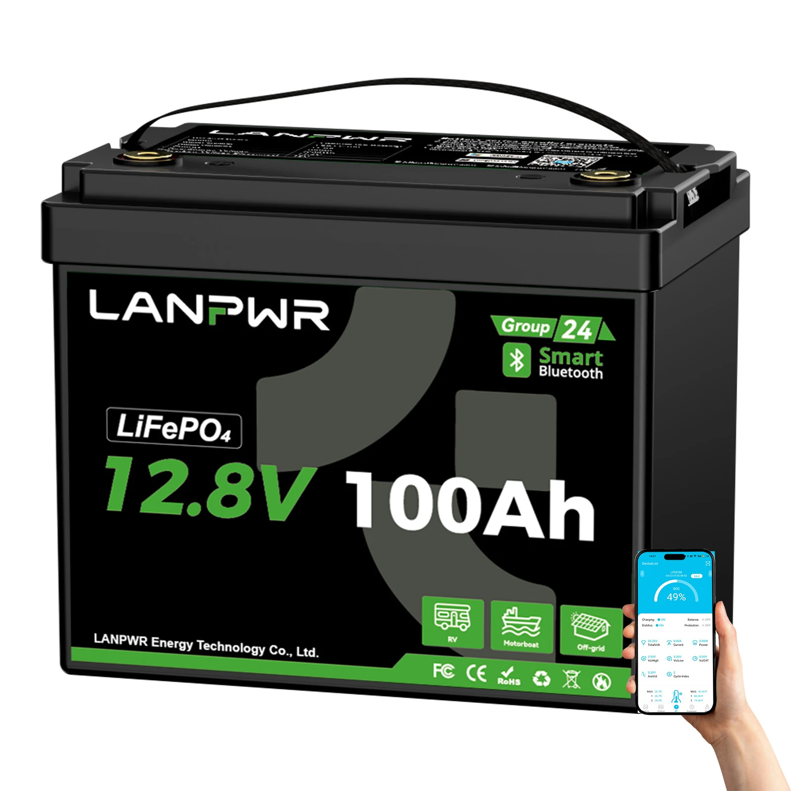 LANPWR 12V 100Ah G24 Mini Smart Deep Cycle LiFePO4 Lithium Battery