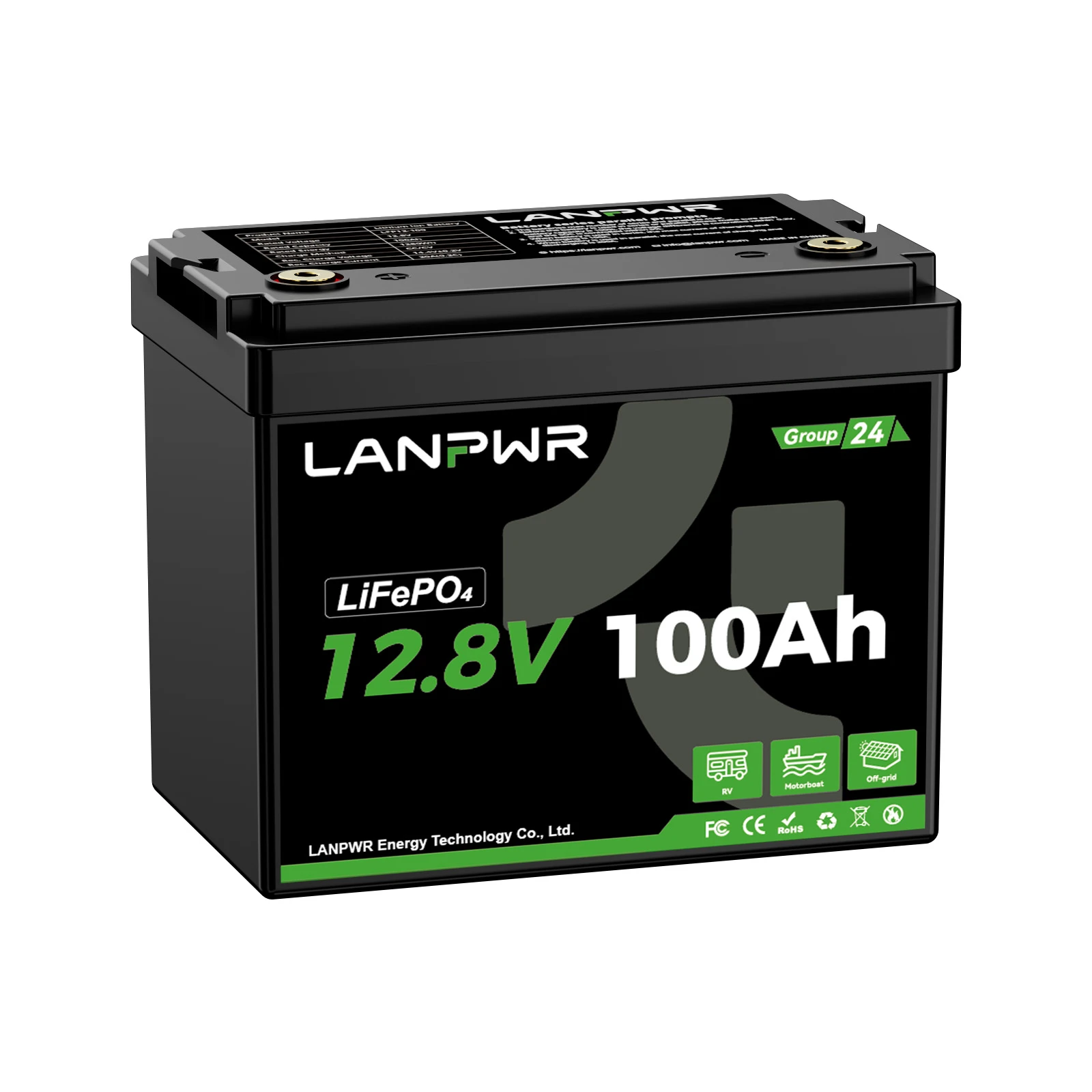 LANPWR 12V 100Ah Mini G24 Deep Cycle LiFePO4 Lithium Battery