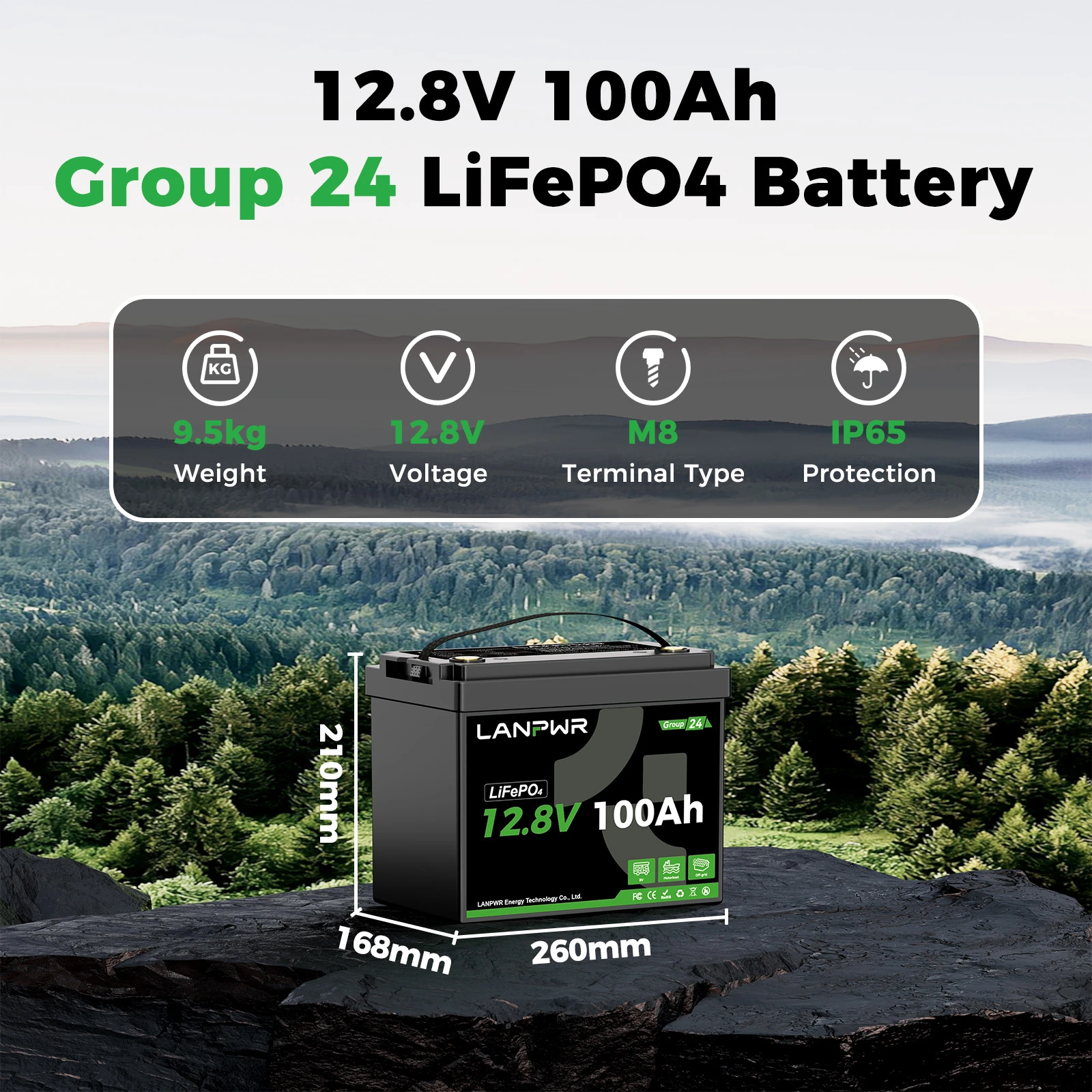 LANPWR 12V 100Ah Mini G24 Deep Cycle LiFePO4 Lithium Battery