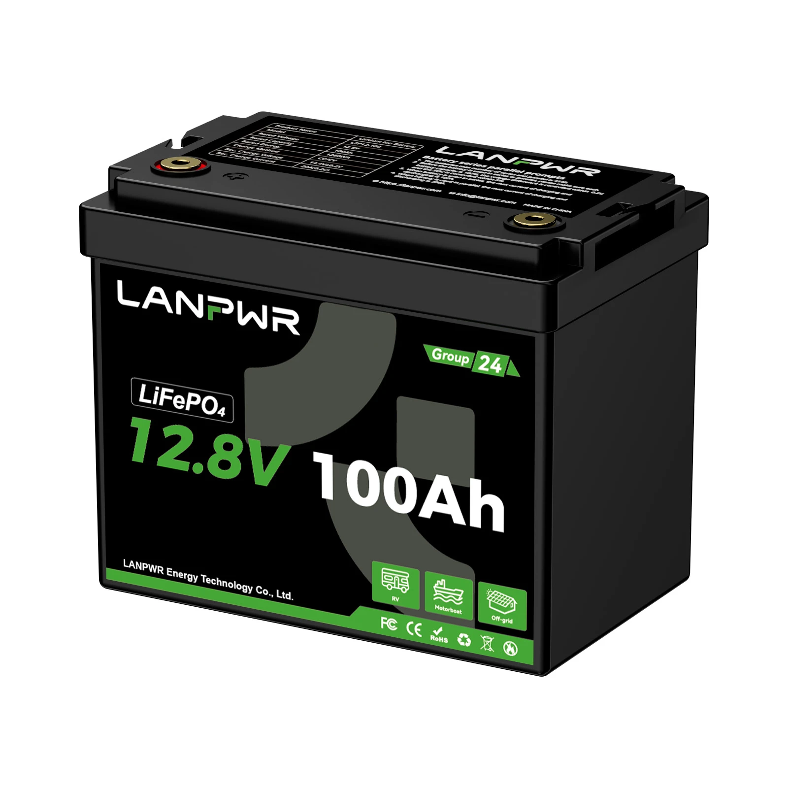 LANPWR 12V 100Ah Mini G24 Deep Cycle LiFePO4 Lithium Battery