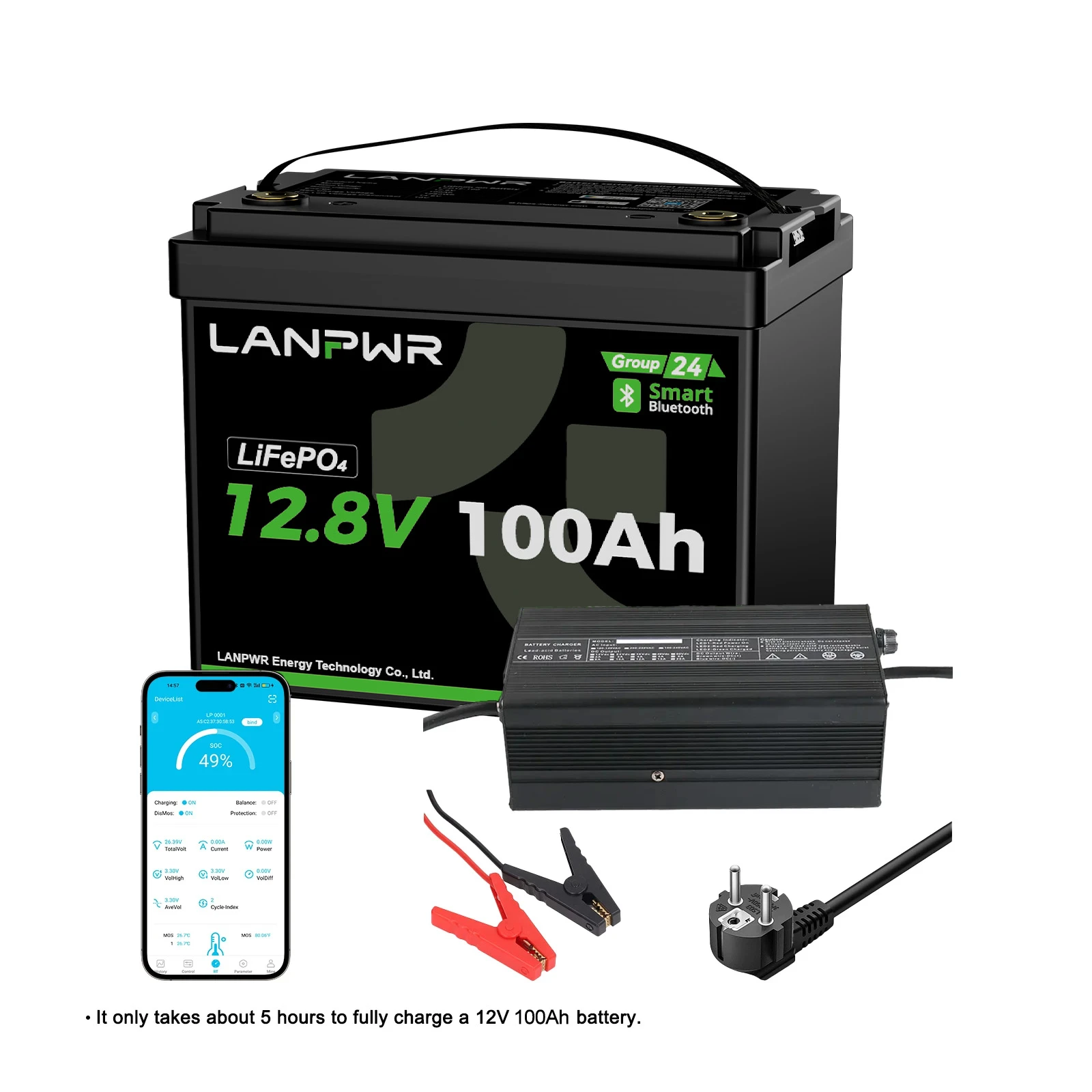 LANPWR 12V 100Ah G24 Mini Smart Deep Cycle LiFePO4 Lithium Battery