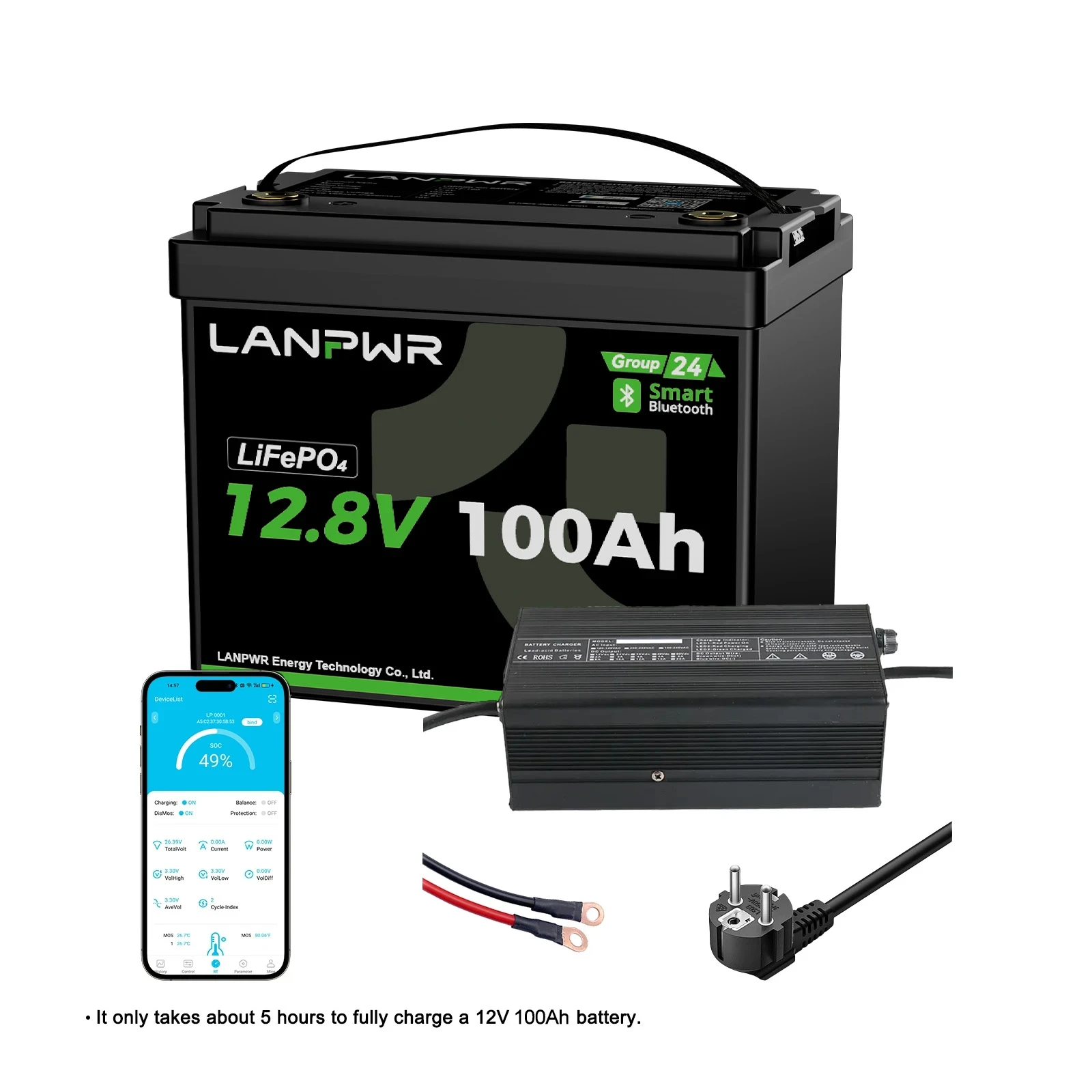 LANPWR 12V 100Ah G24 Mini Smart Deep Cycle LiFePO4 Lithium Battery