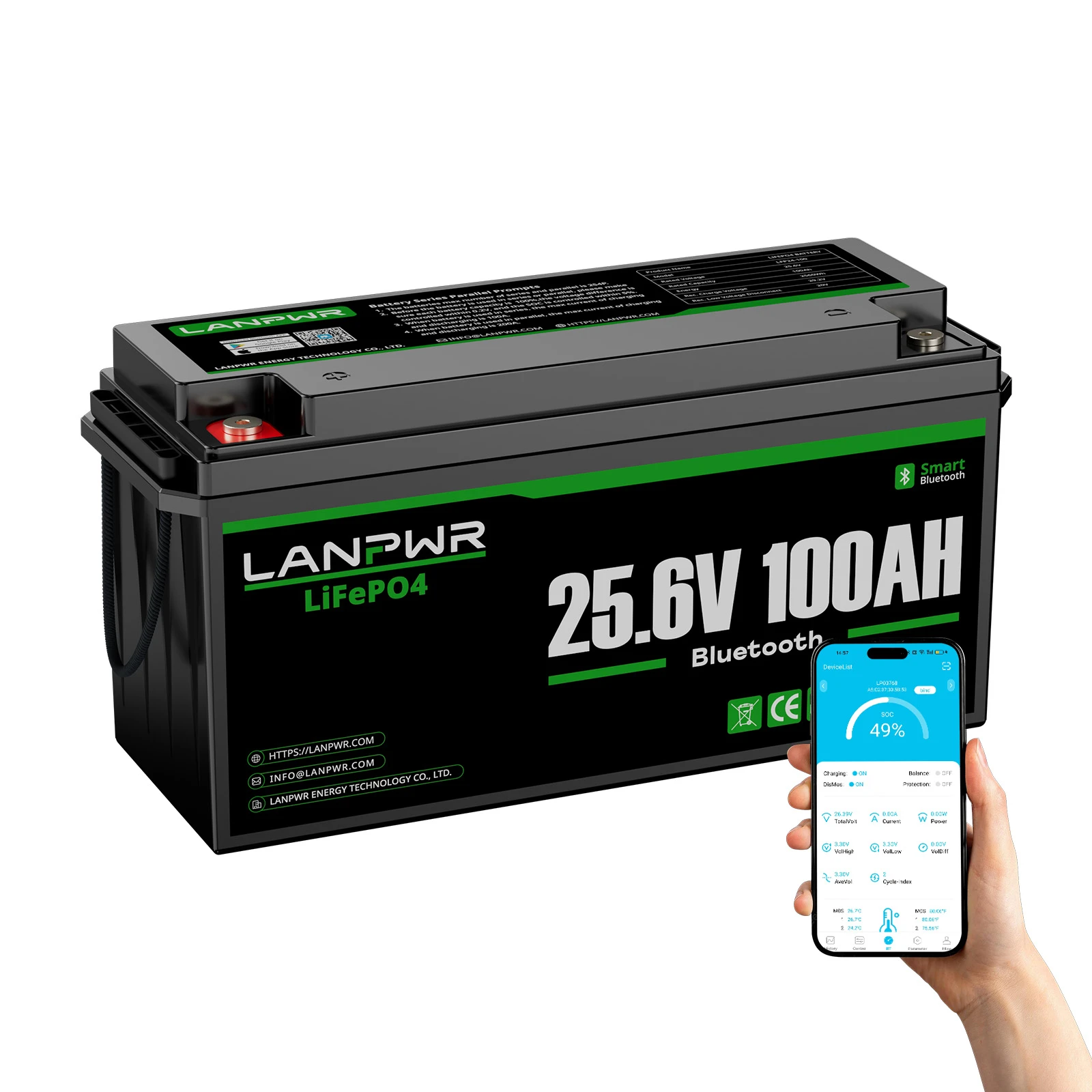 LANPWR 24V 100Ah LiFePO4 Battery with Bluetooth 5.0, Maximum Load Power 2560W, 2560Wh Energy