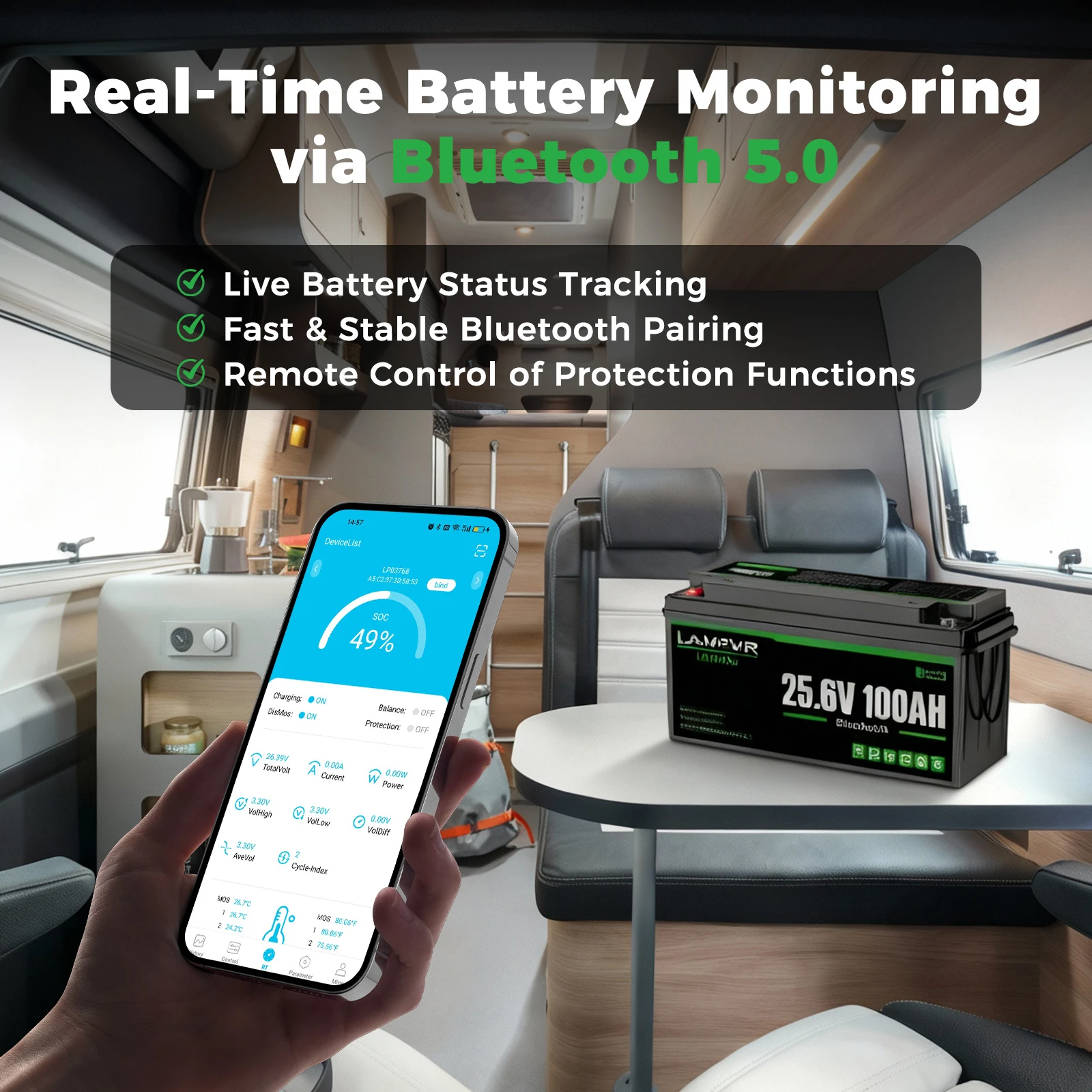 LANPWR 24V 100Ah LiFePO4 Battery with Bluetooth 5.0, Maximum Load Power 2560W, 2560Wh Energy