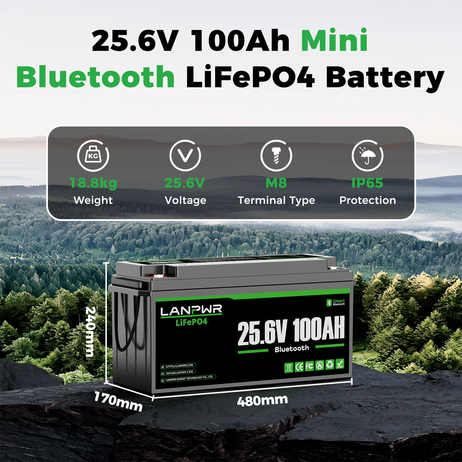 LANPWR 24V 100Ah LiFePO4 Battery with Bluetooth 5.0, Maximum Load Power 2560W, 2560Wh Energy