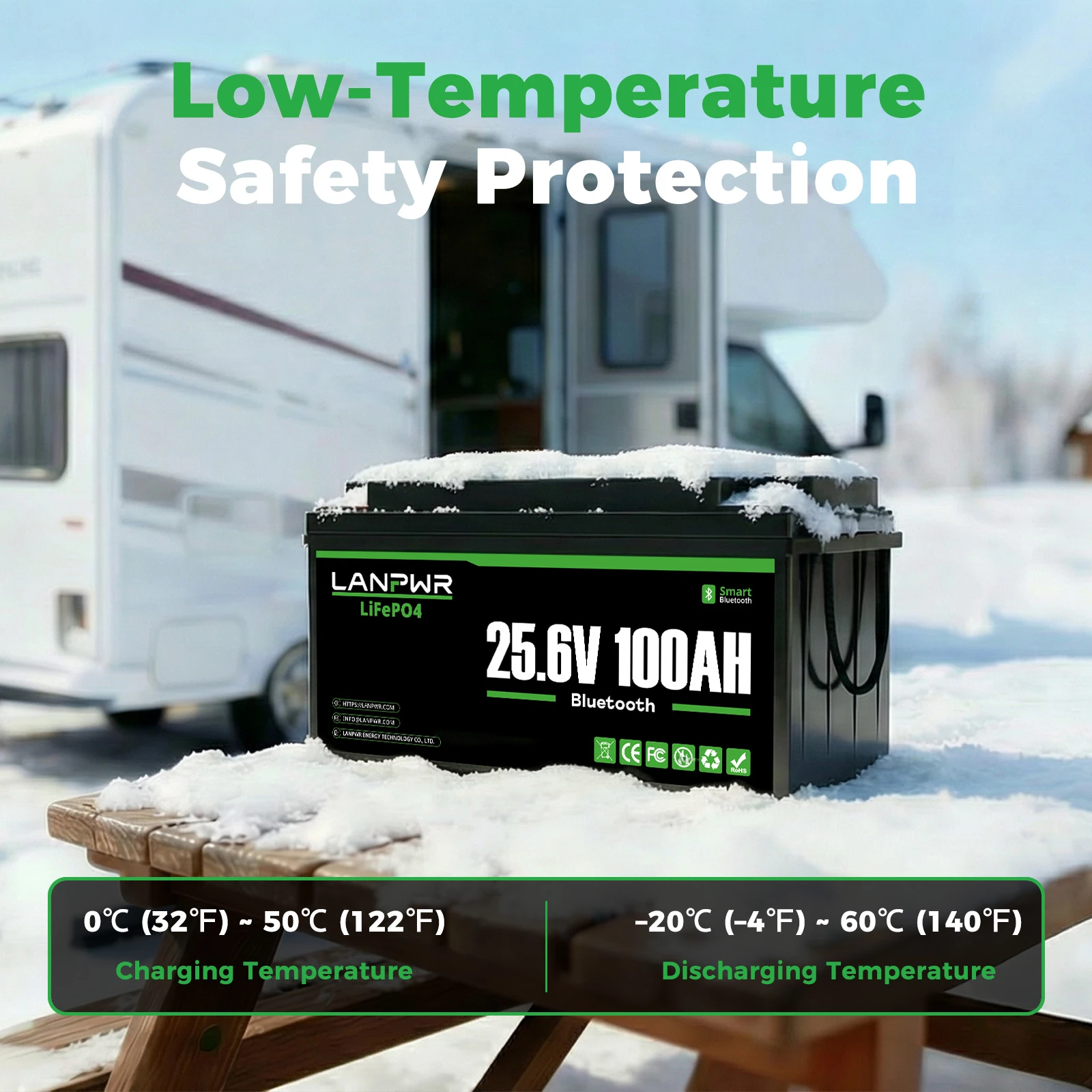 LANPWR 24V 100Ah LiFePO4 Battery with Bluetooth 5.0, Maximum Load Power 2560W, 2560Wh Energy