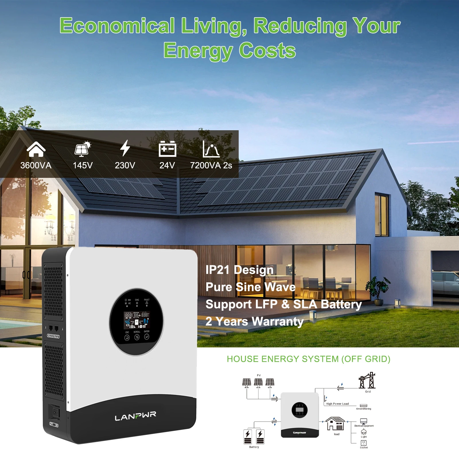 LANPWR 3kW 5.12kWh Complete MPPT Off Grid Solar Kit with 24V 100Ah LiFePO4 Battery