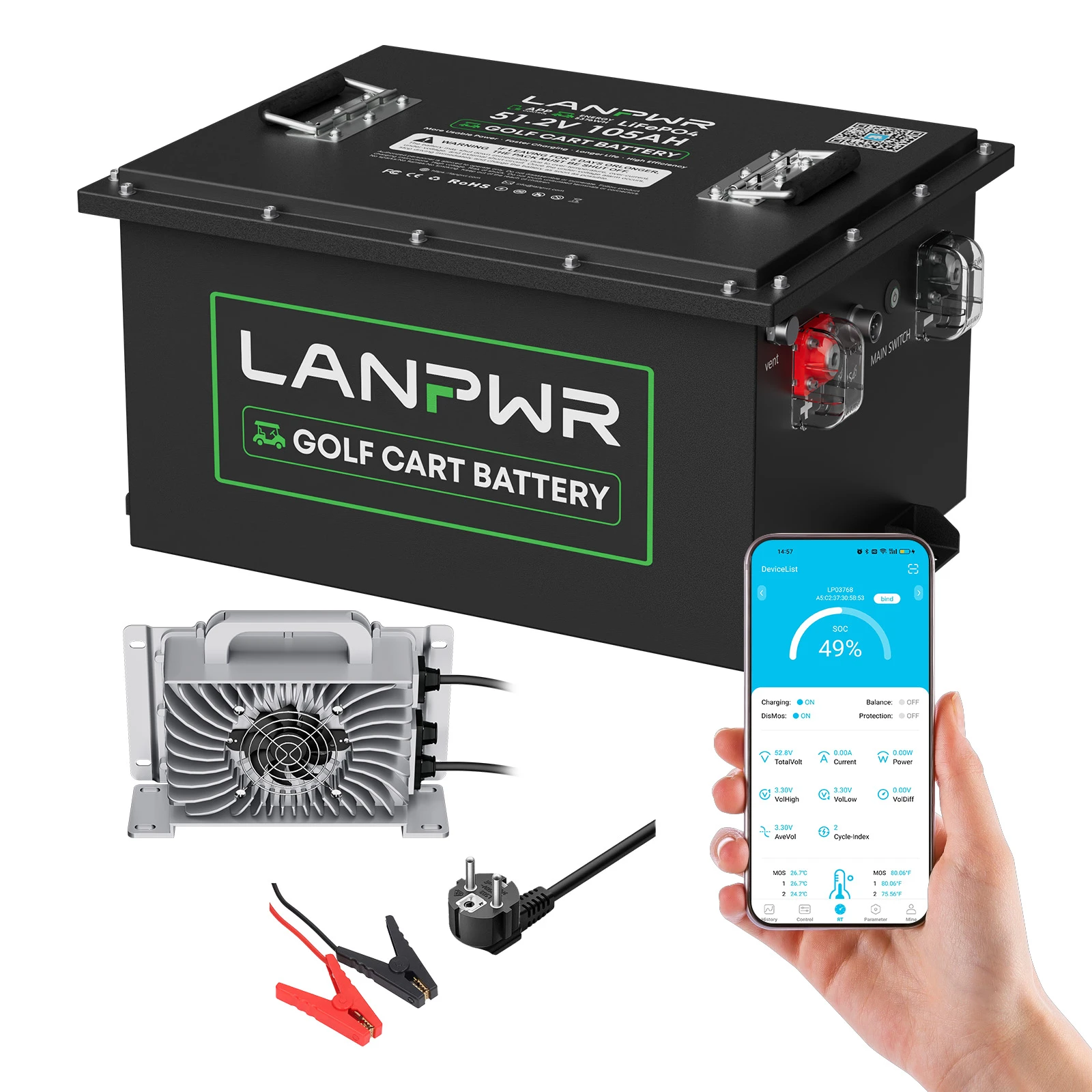 LANPWR 48V 105Ah Bluetooth LiFePO4 Golf Cart Lithium Battery, 200A BMS, Max 10.24kW Power