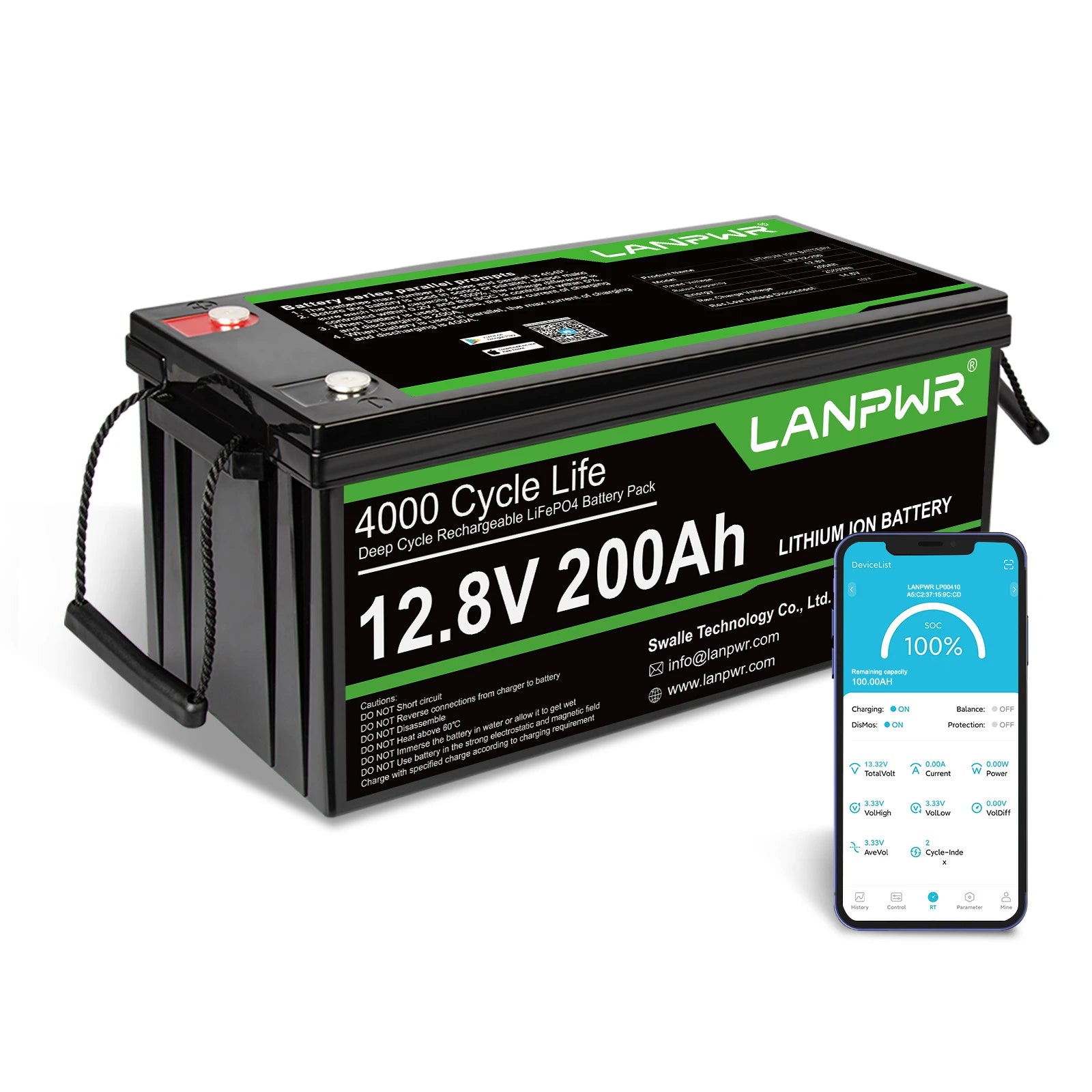 A LANPWR 12V 200Ah lithium iron phosphate (LiFePO4) battery with Bluetooth 5.0 connectivity, displayed alongside a smartphone showing the battery's status app.